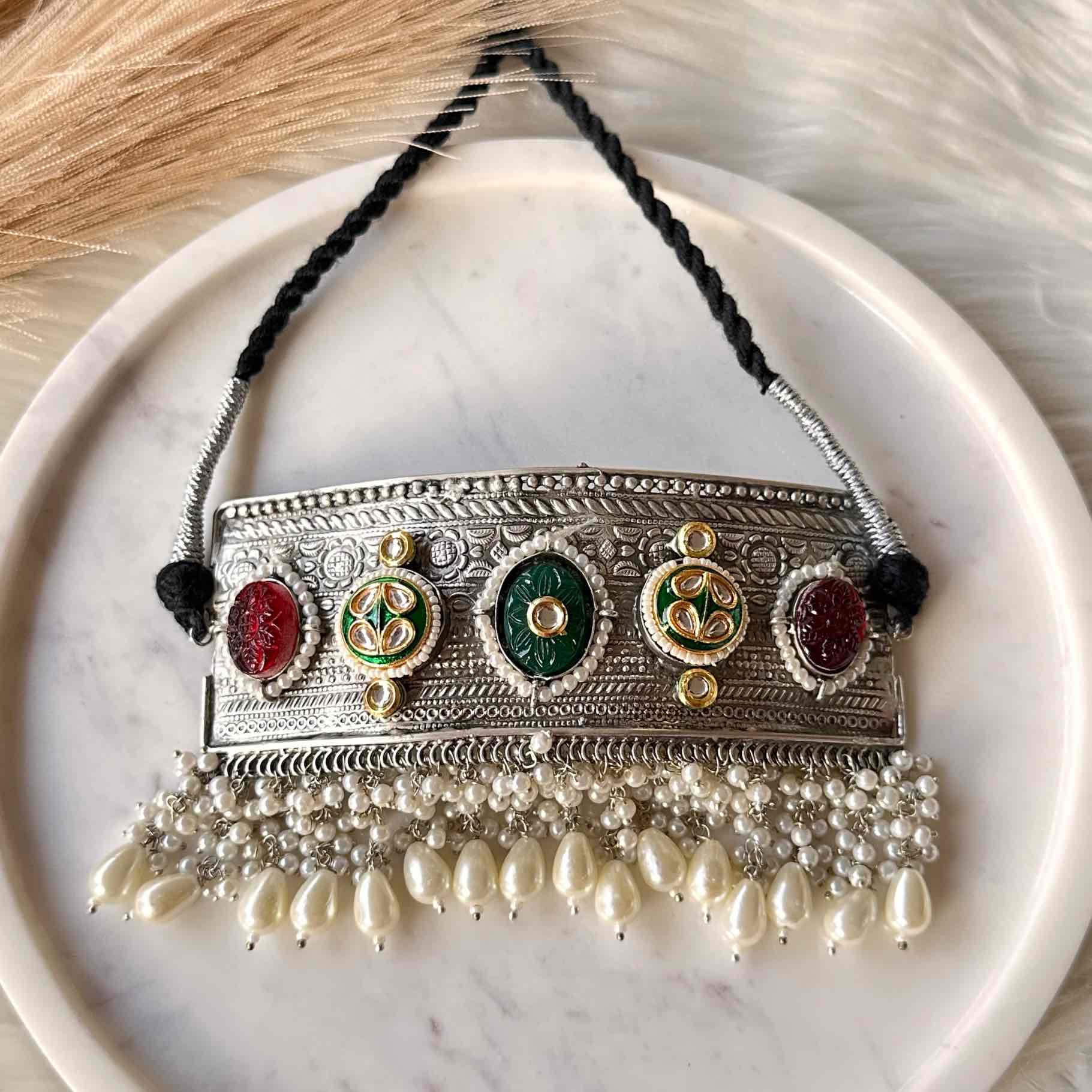 Red - Green Temple Glow Silver Choker