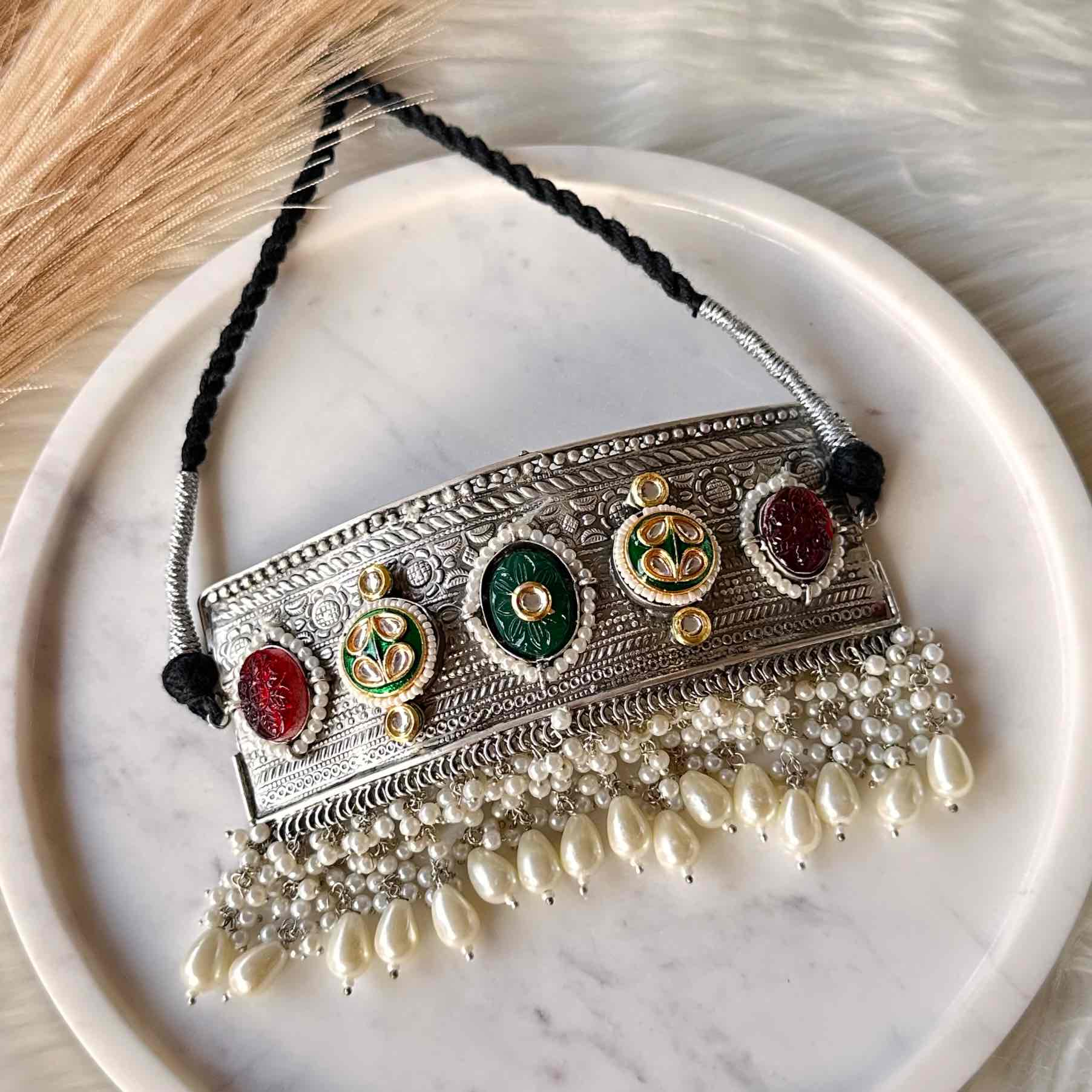 Red - Green Temple Glow Silver Choker