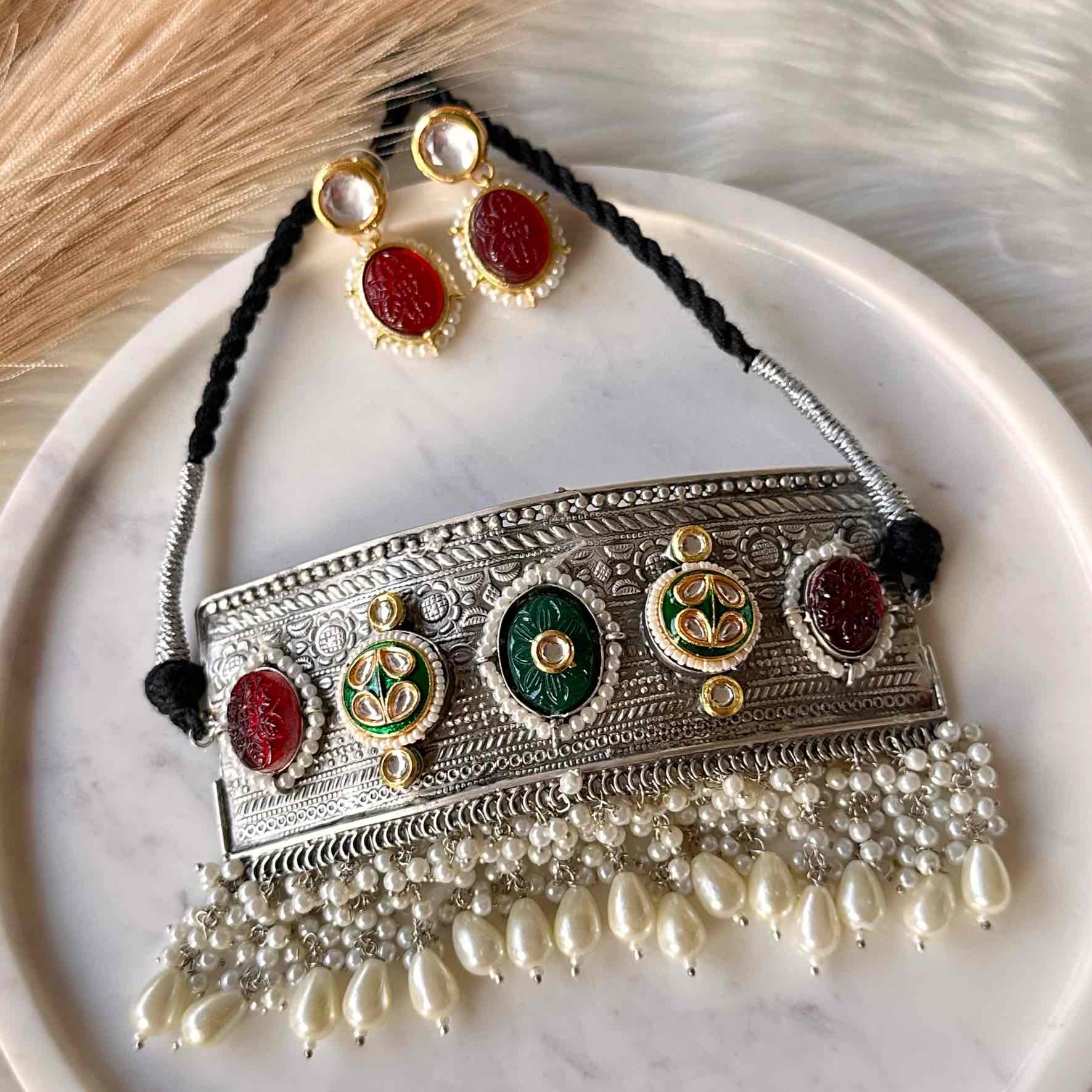 Red - Green Temple Glow Silver Choker