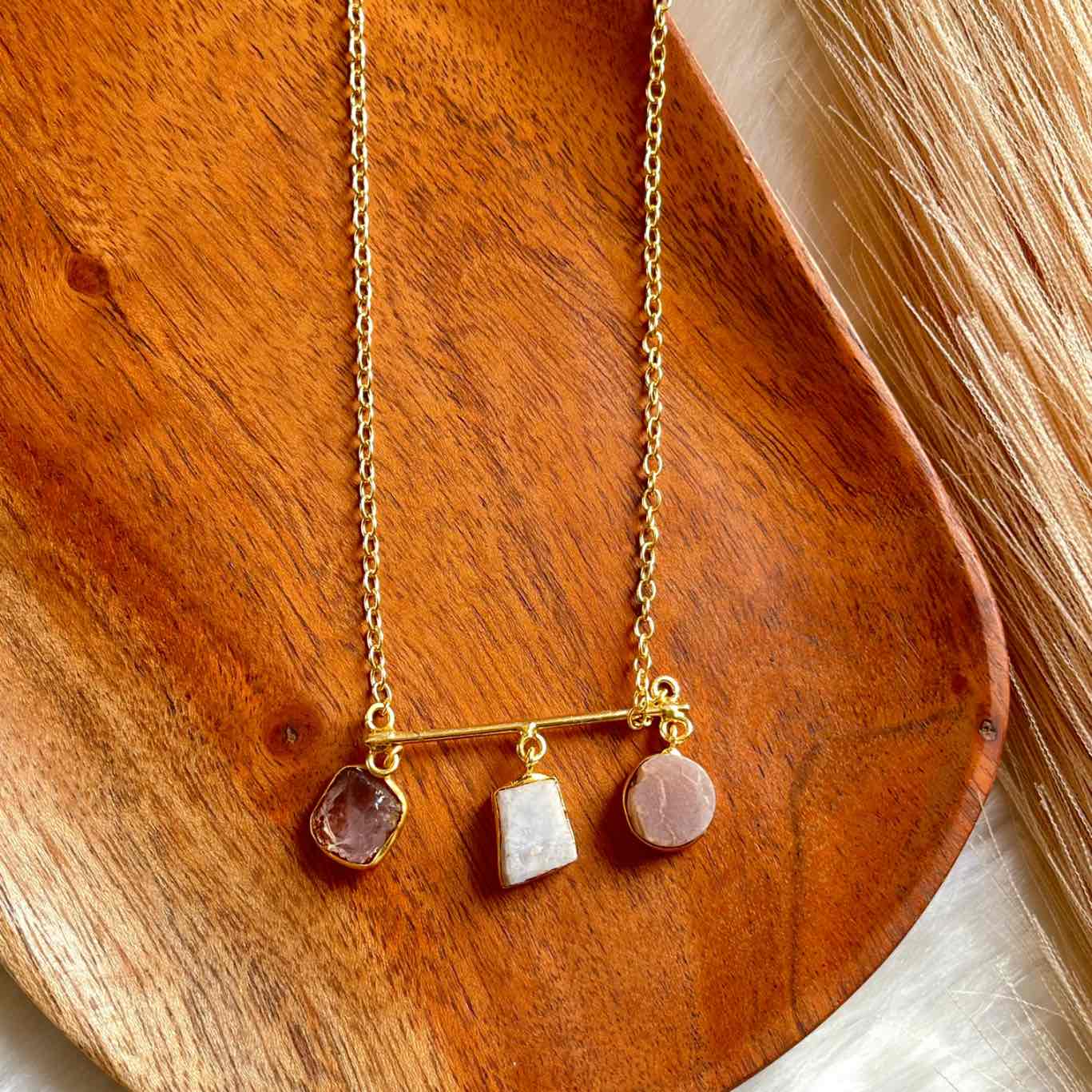 Pink - Brown Natural Stones Golden Chain