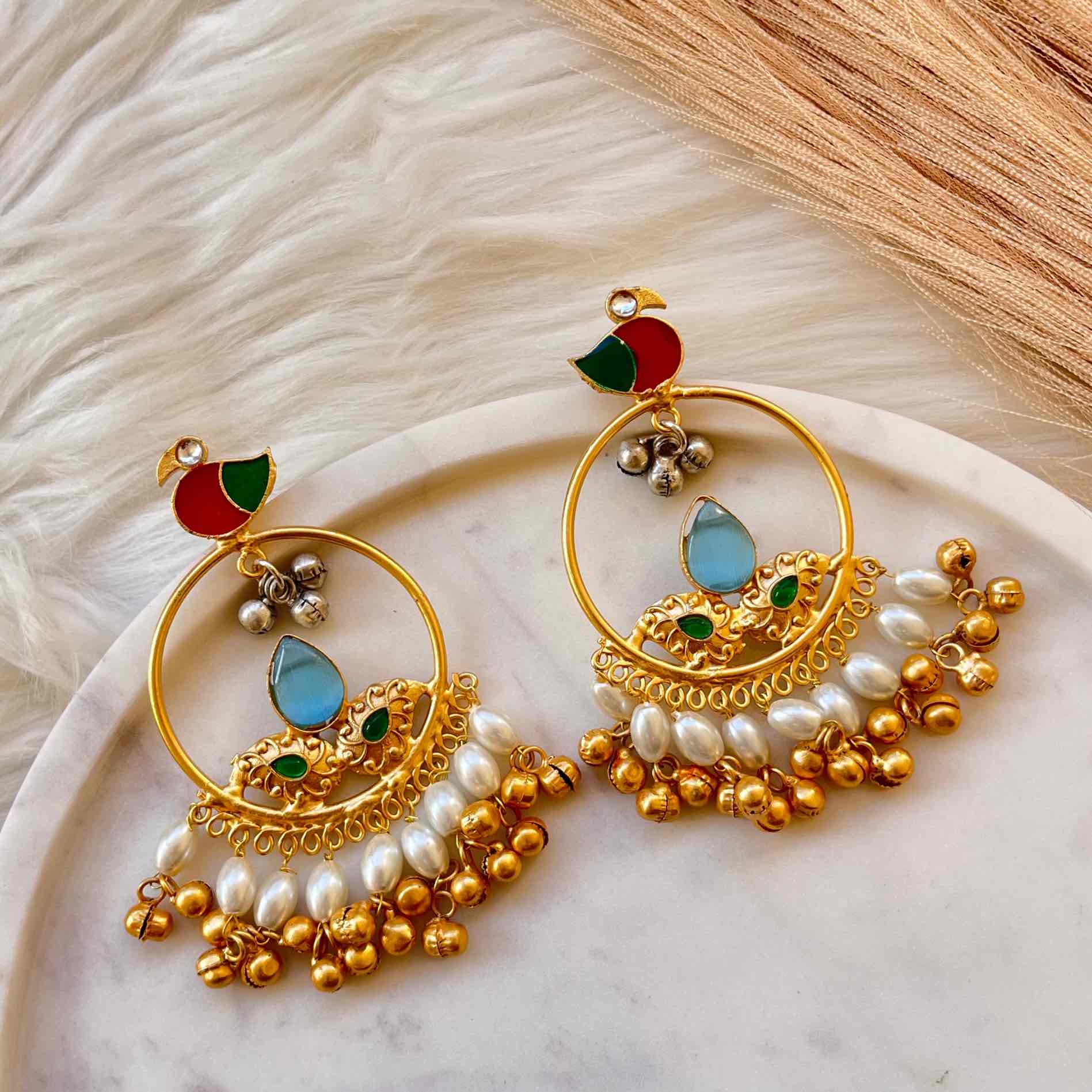 Light Blue Round Chidiya Golden Fusion Earrings