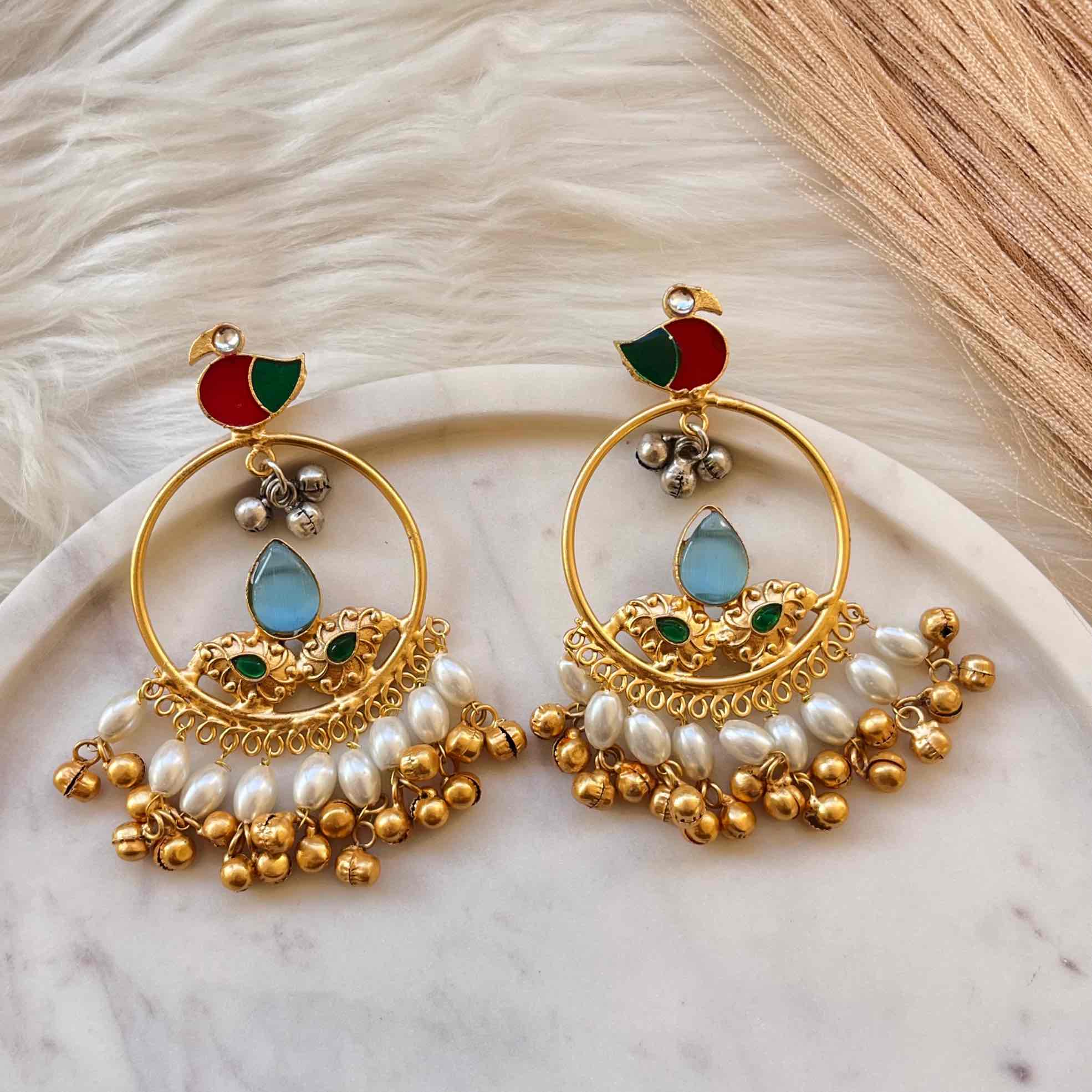 Light Blue Round Chidiya Golden Fusion Earrings