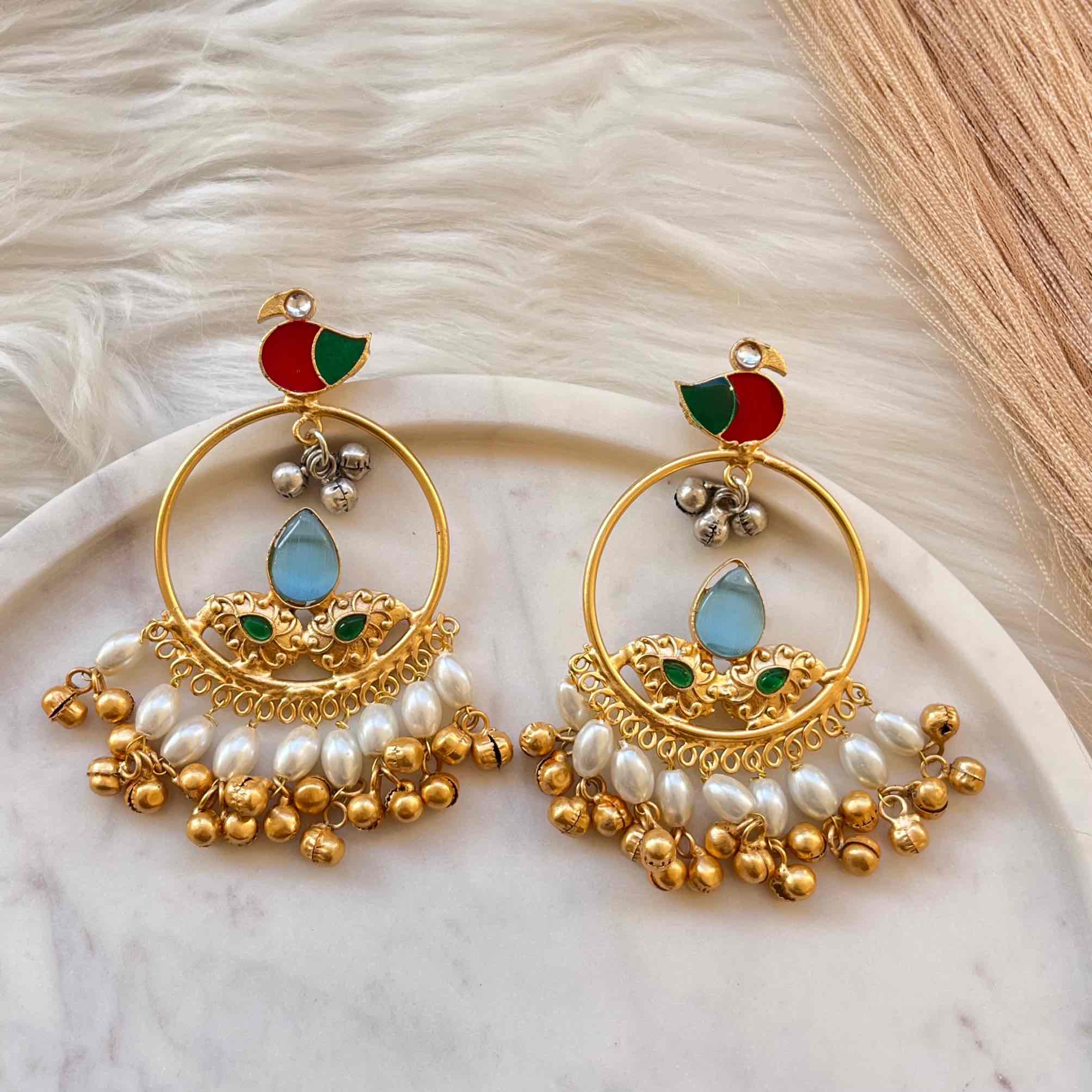 Light Blue Round Chidiya Golden Fusion Earrings