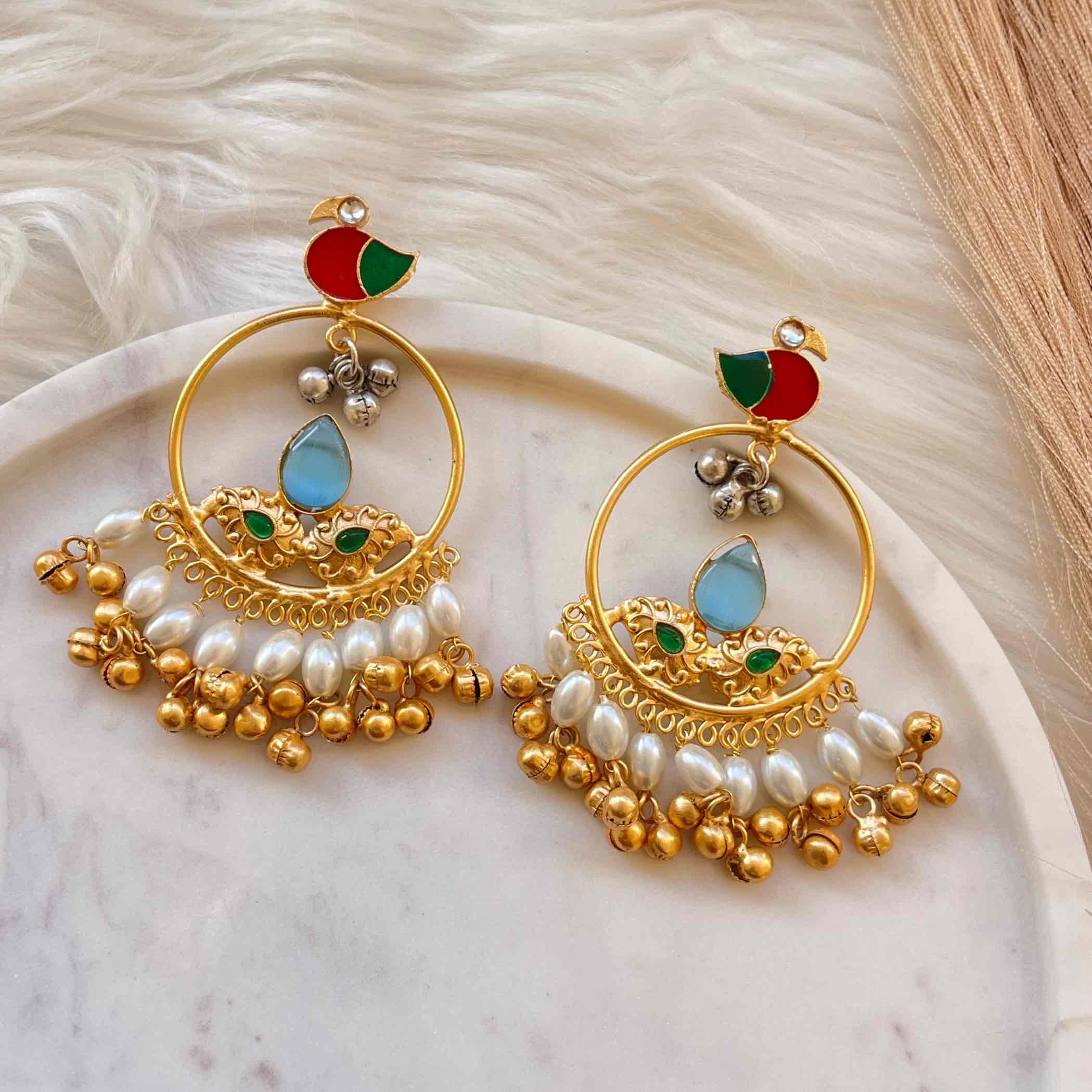 Light Blue Round Chidiya Golden Fusion Earrings