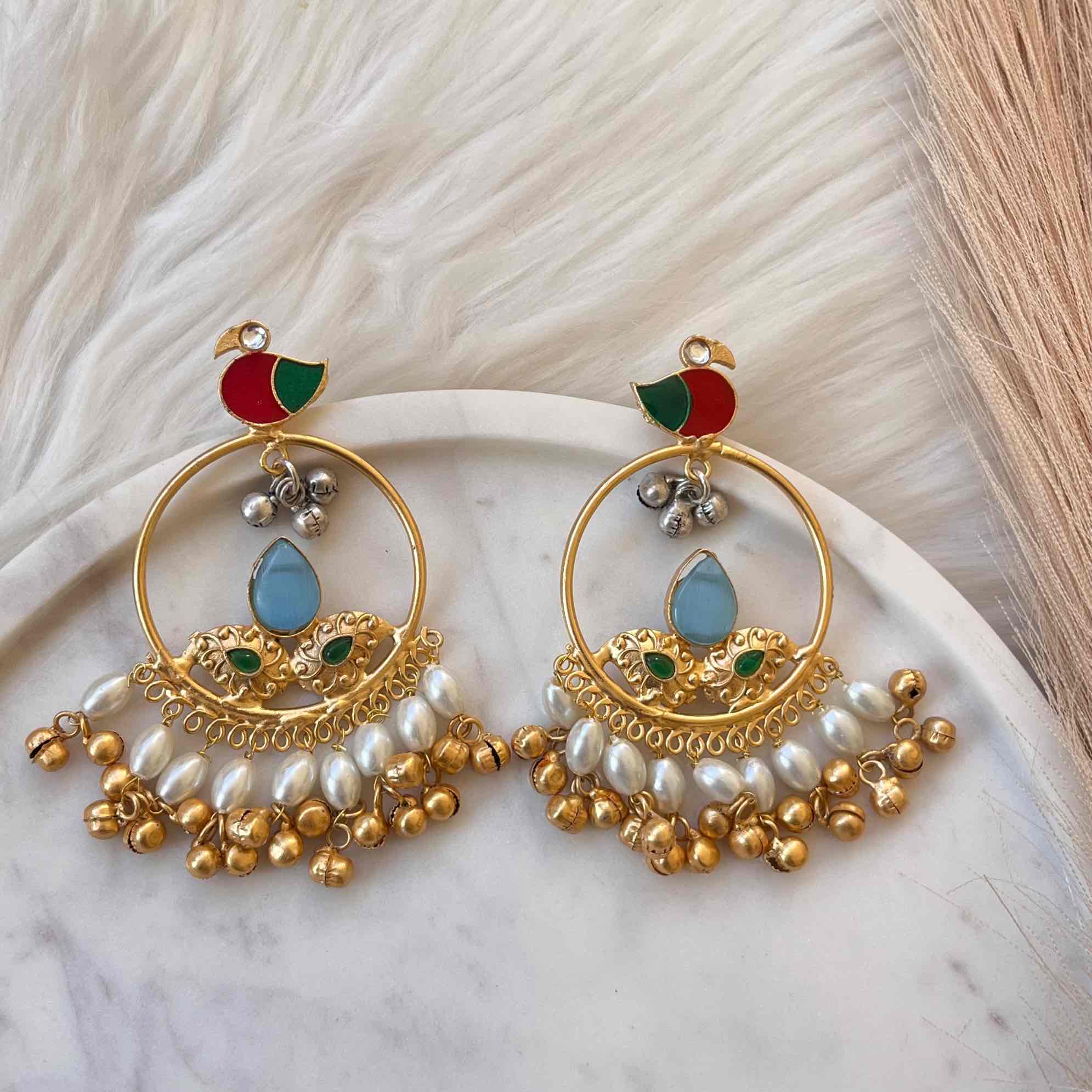 Light Blue Round Chidiya Golden Fusion Earrings