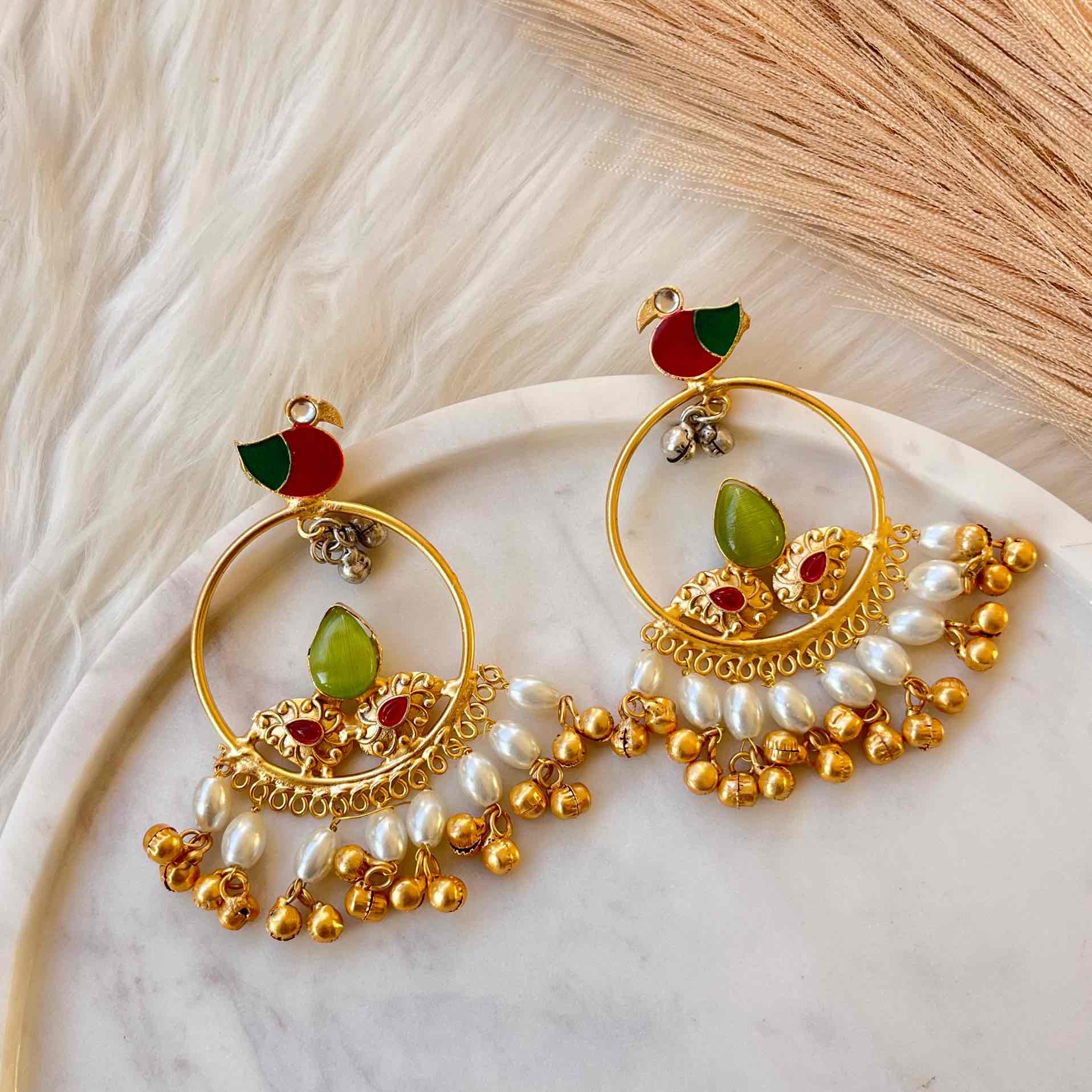 Parrot Green Round Chidiya Golden Fusion Earrings