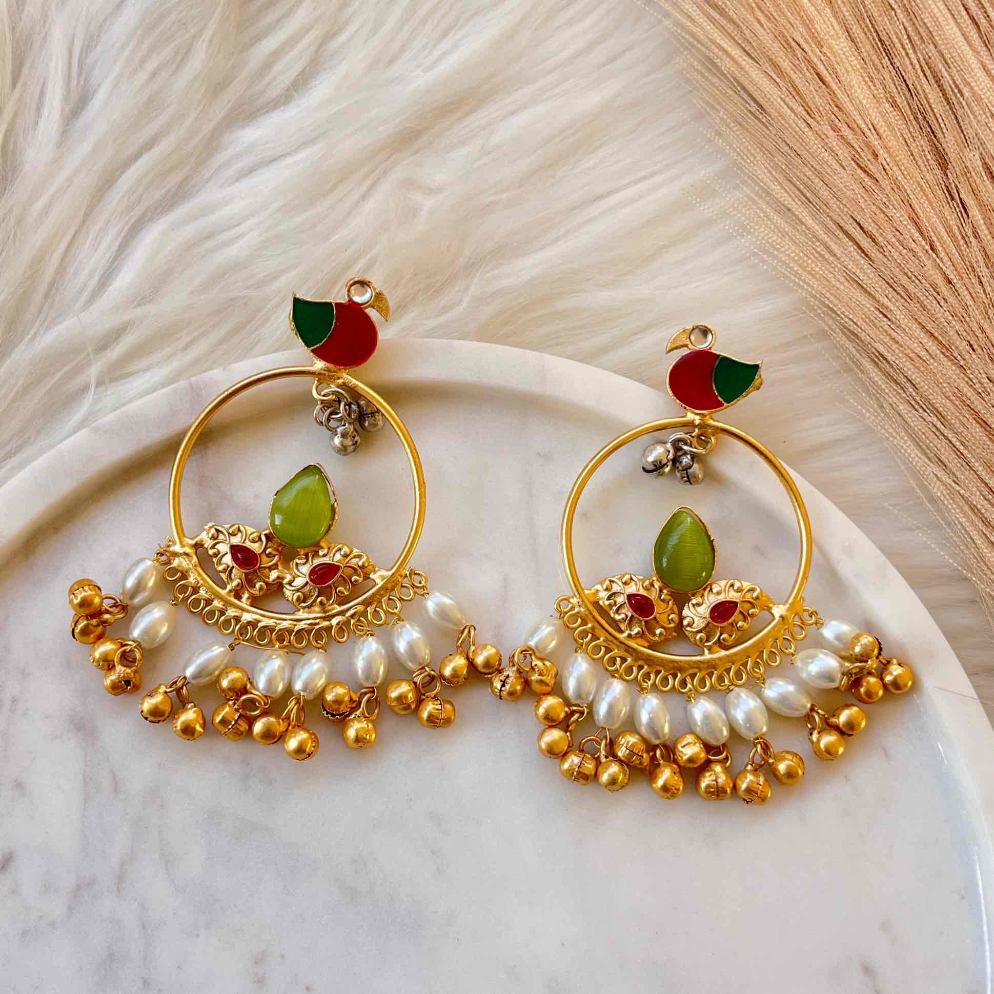 Parrot Green Round Chidiya Golden Fusion Earrings