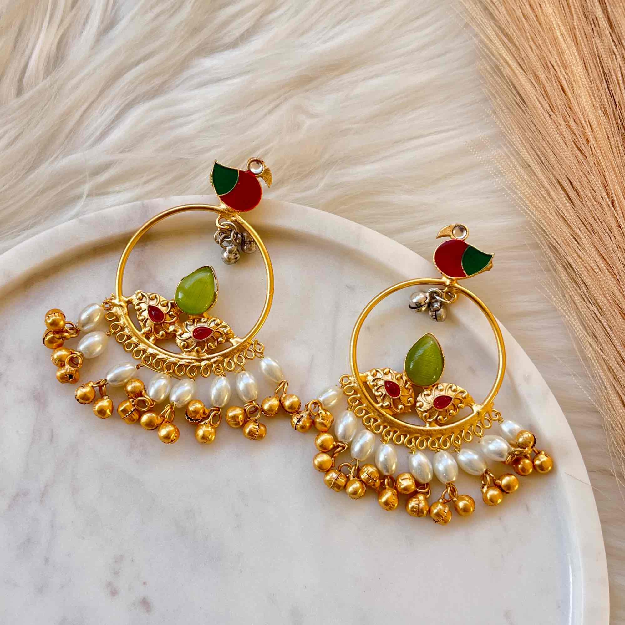 Parrot Green Round Chidiya Golden Fusion Earrings