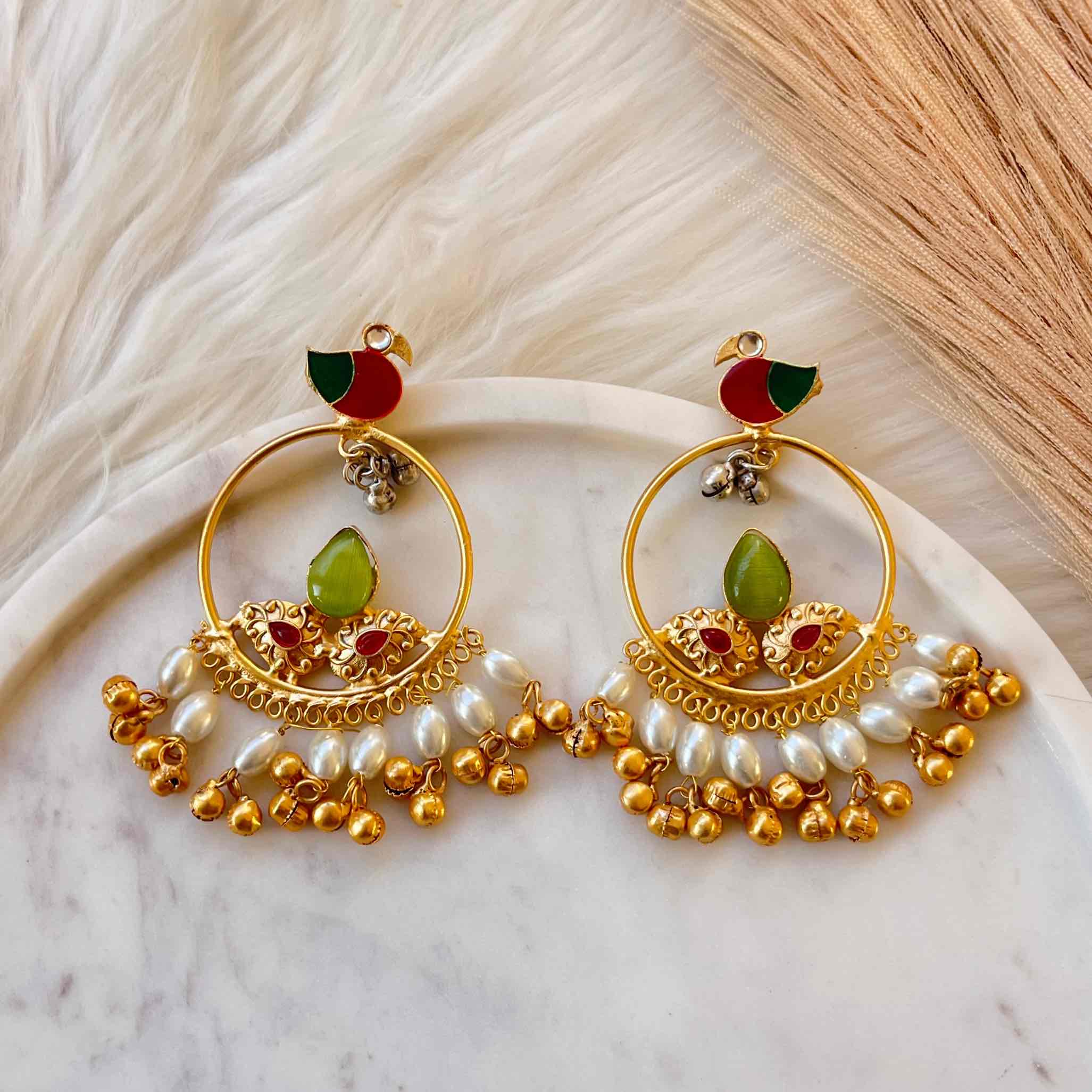 Parrot Green Round Chidiya Golden Fusion Earrings