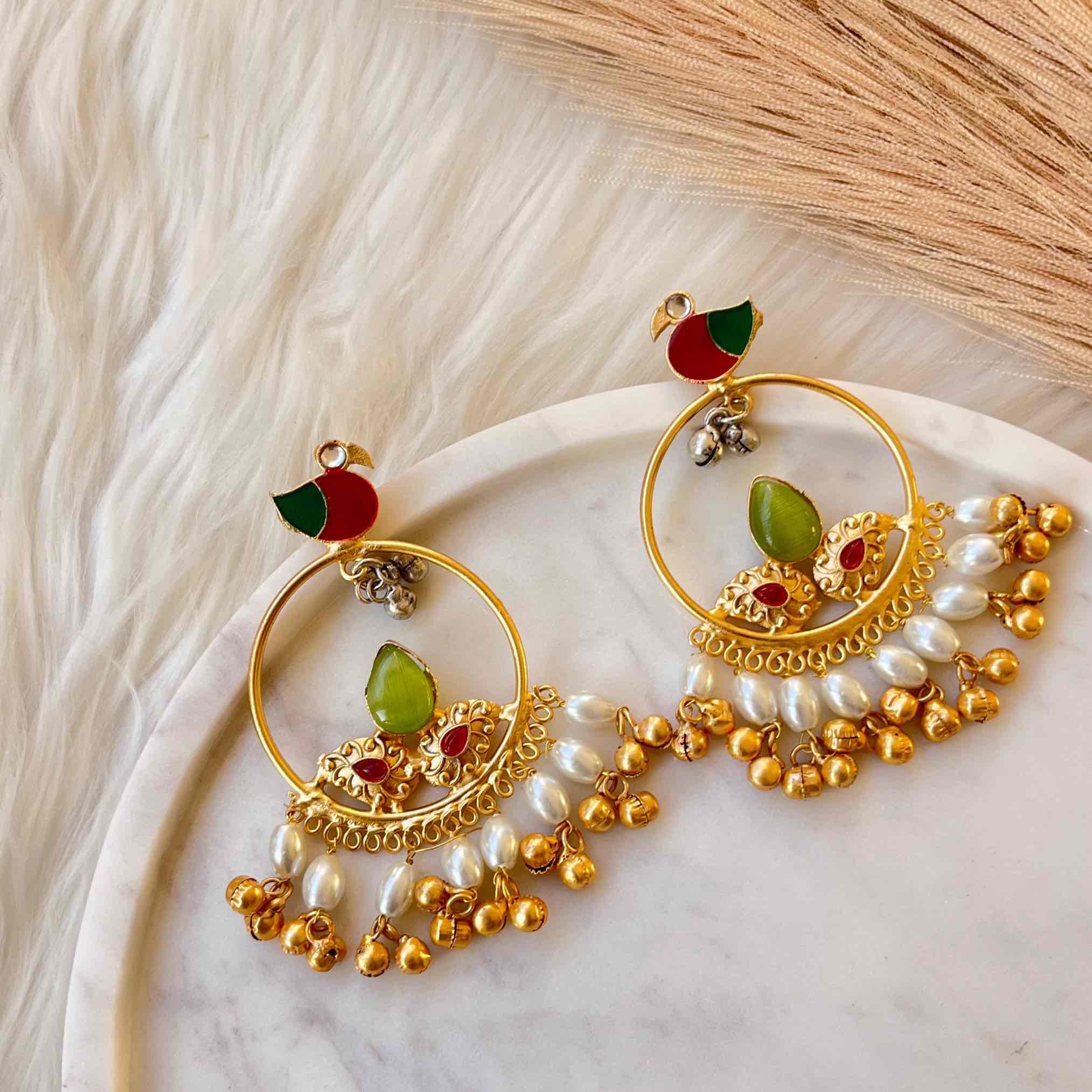 Parrot Green Round Chidiya Golden Fusion Earrings