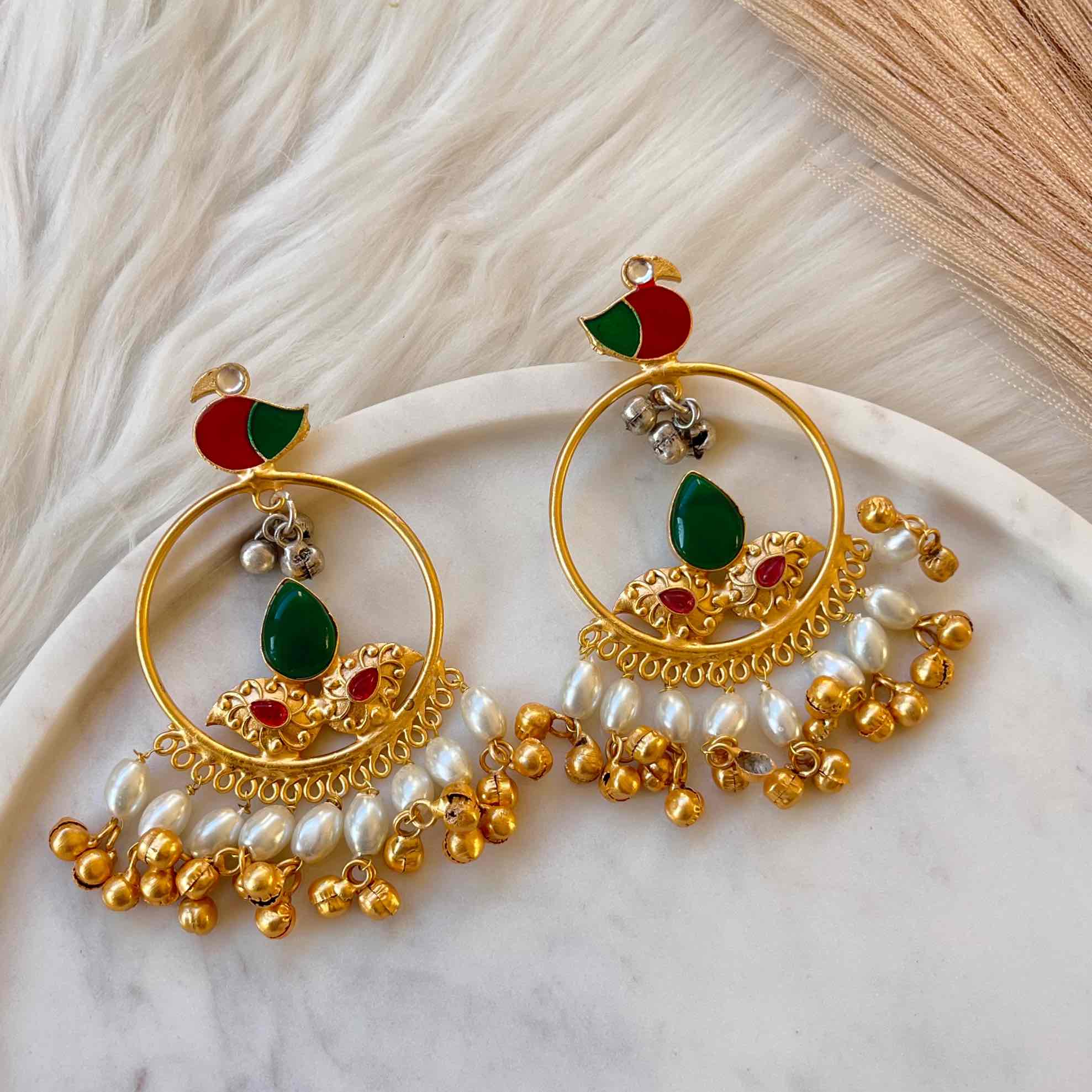 Green Round Chidiya Golden Fusion Earrings