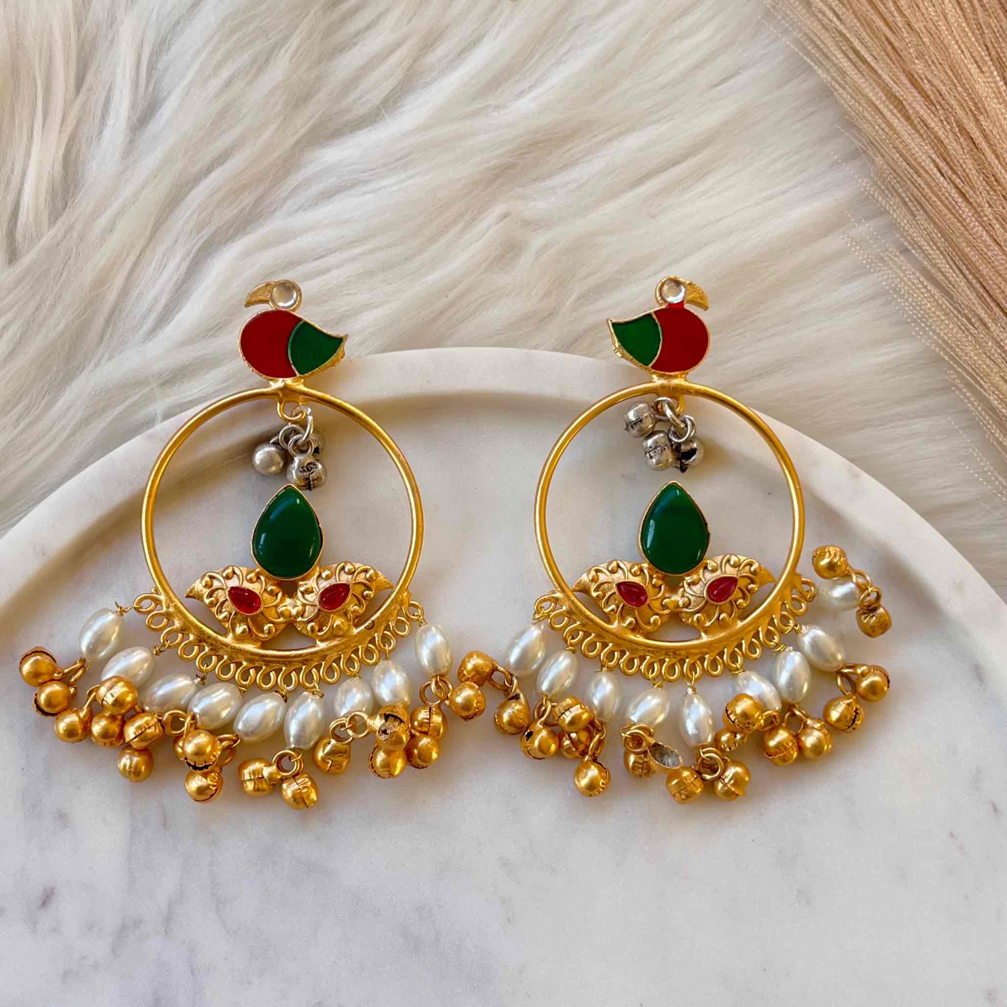 Green Round Chidiya Golden Fusion Earrings