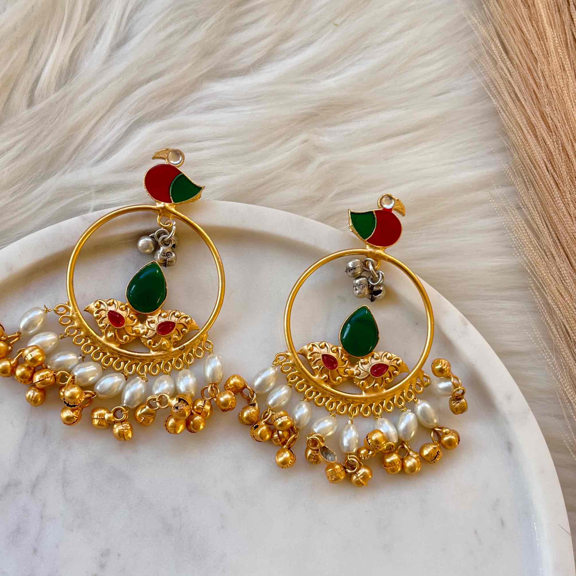 Green Round Chidiya Golden Fusion Earrings