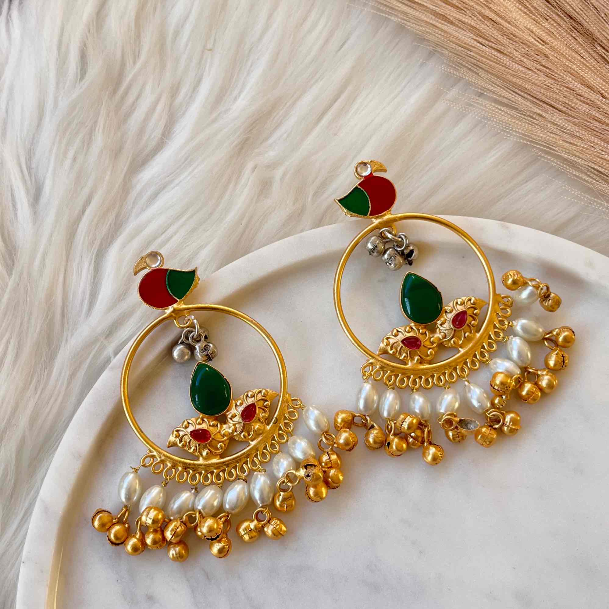 Green Round Chidiya Golden Fusion Earrings