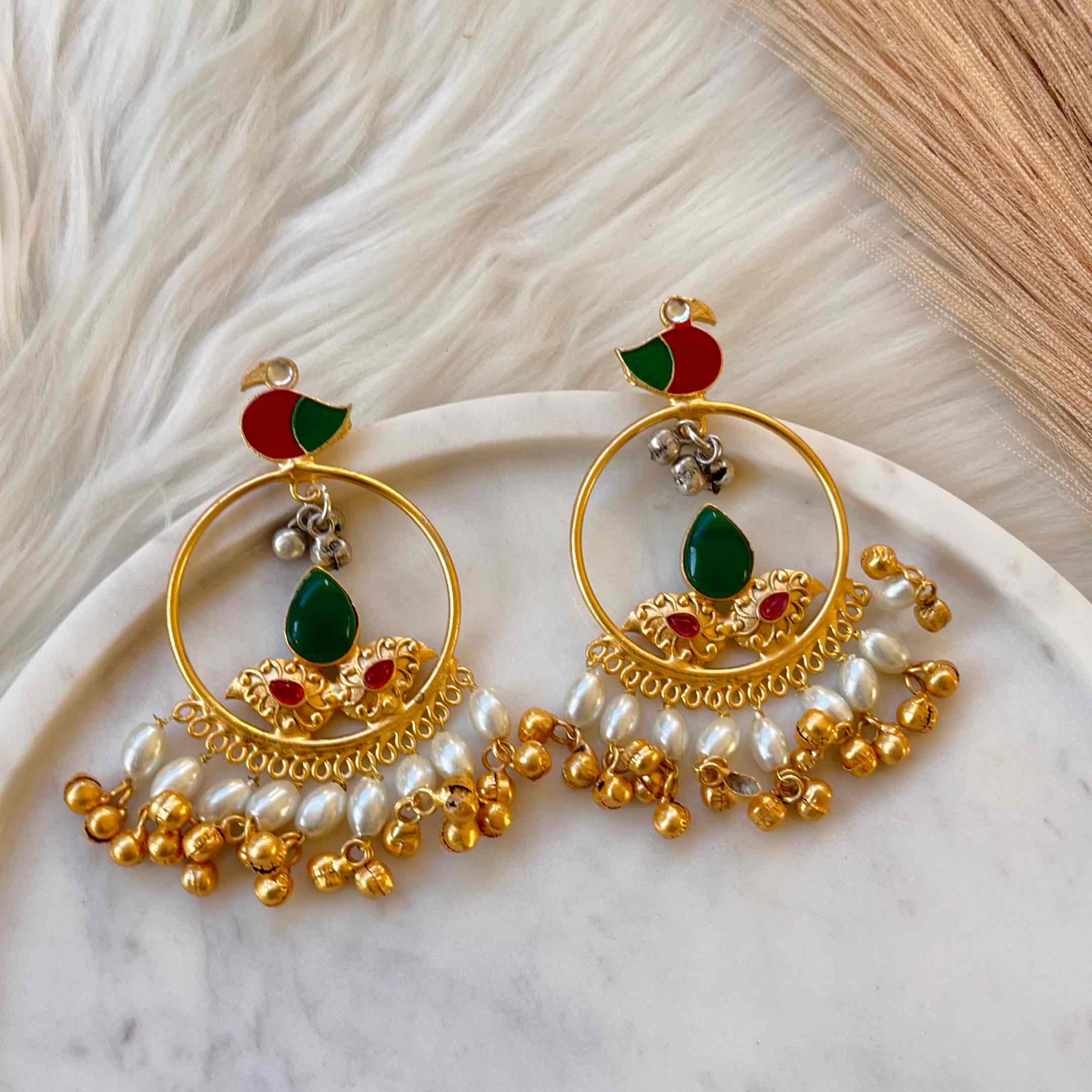 Green Round Chidiya Golden Fusion Earrings