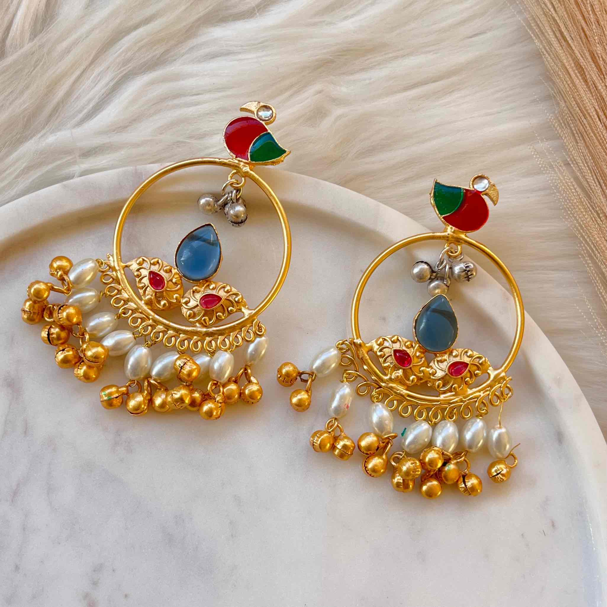 Blue Round Chidiya Golden Fusion Earrings