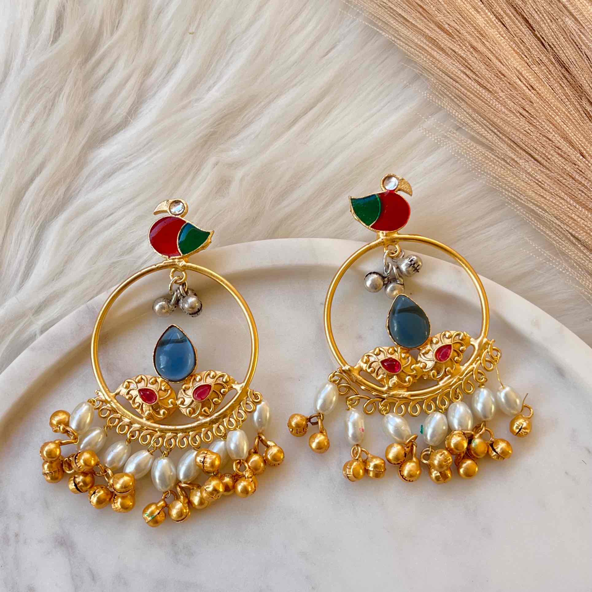 Blue Round Chidiya Golden Fusion Earrings