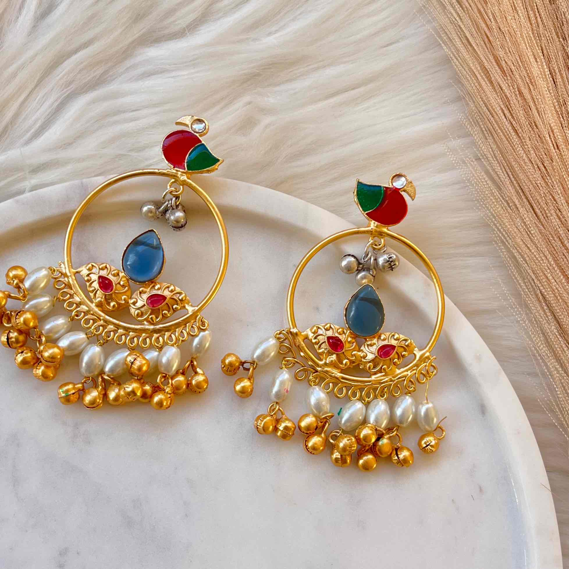 Blue Round Chidiya Golden Fusion Earrings