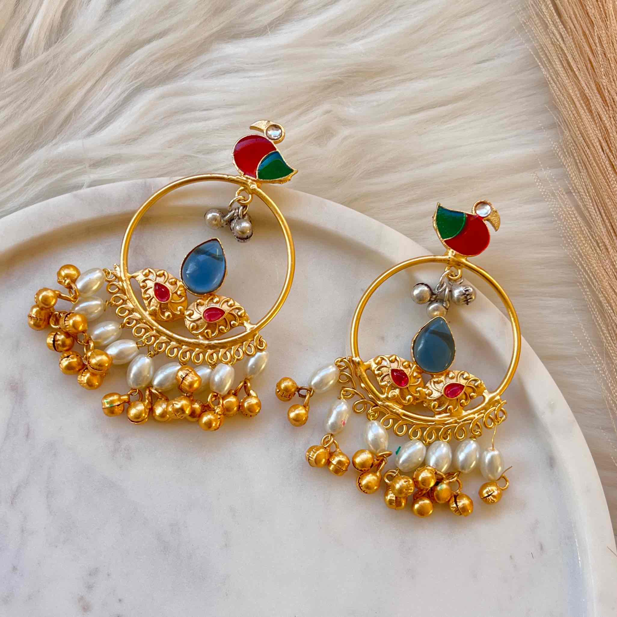 Blue Round Chidiya Golden Fusion Earrings