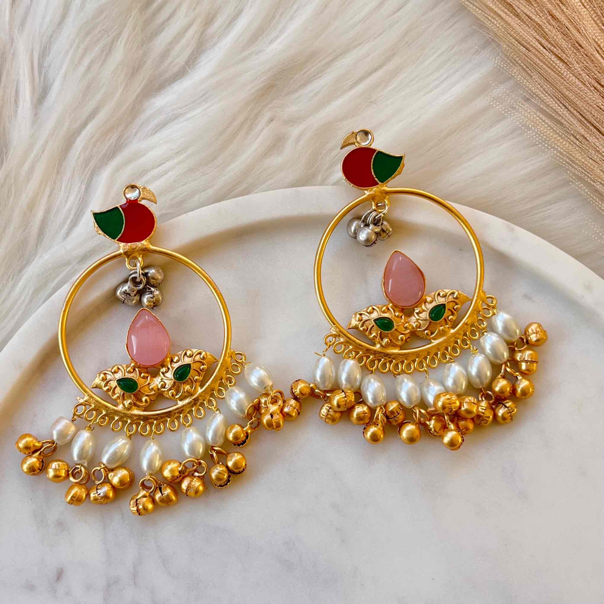 Pink Round Chidiya Golden Fusion Earrings