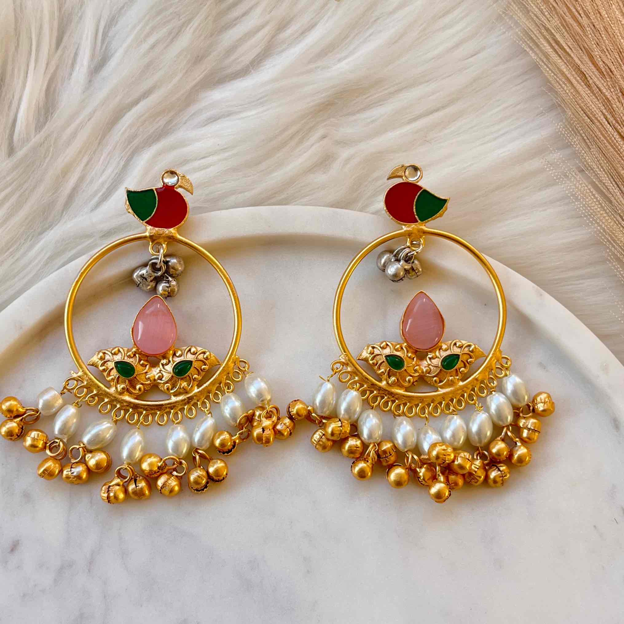 Pink Round Chidiya Golden Fusion Earrings