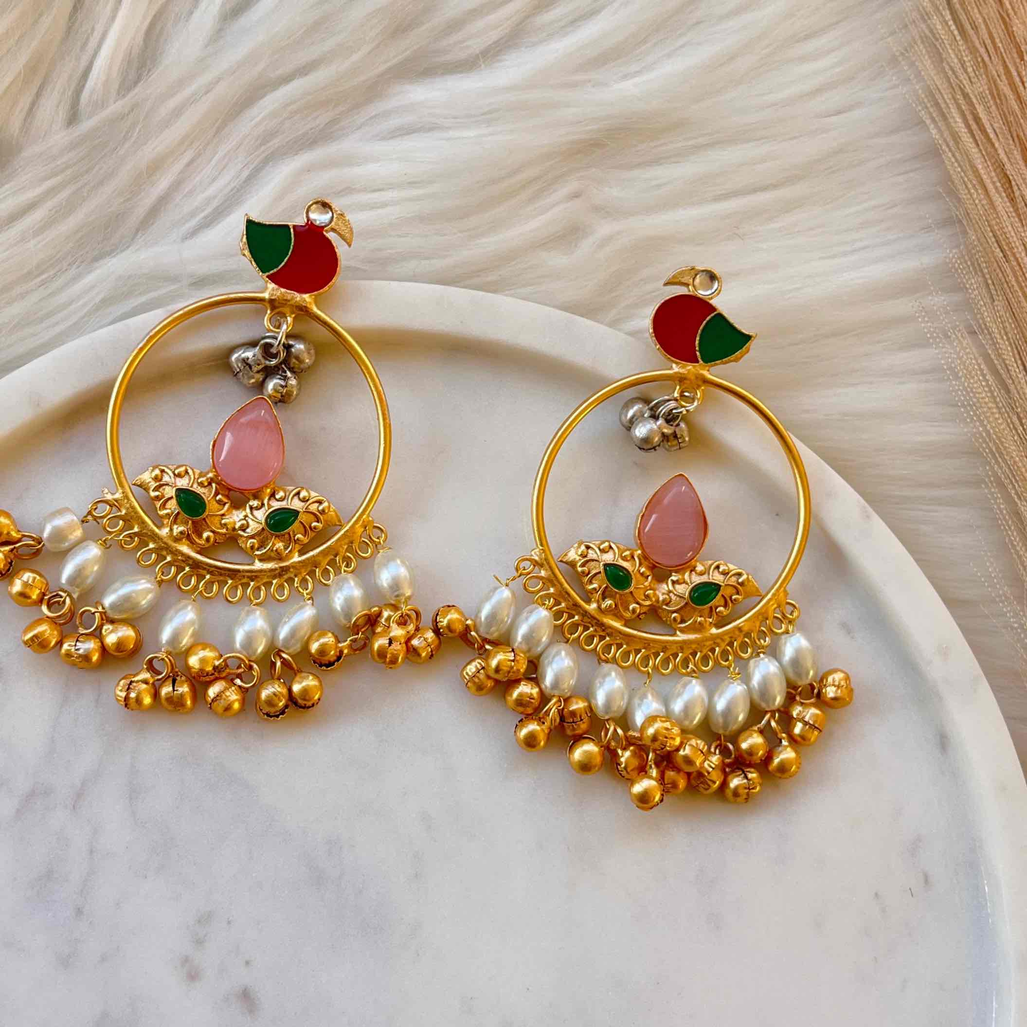 Pink Round Chidiya Golden Fusion Earrings