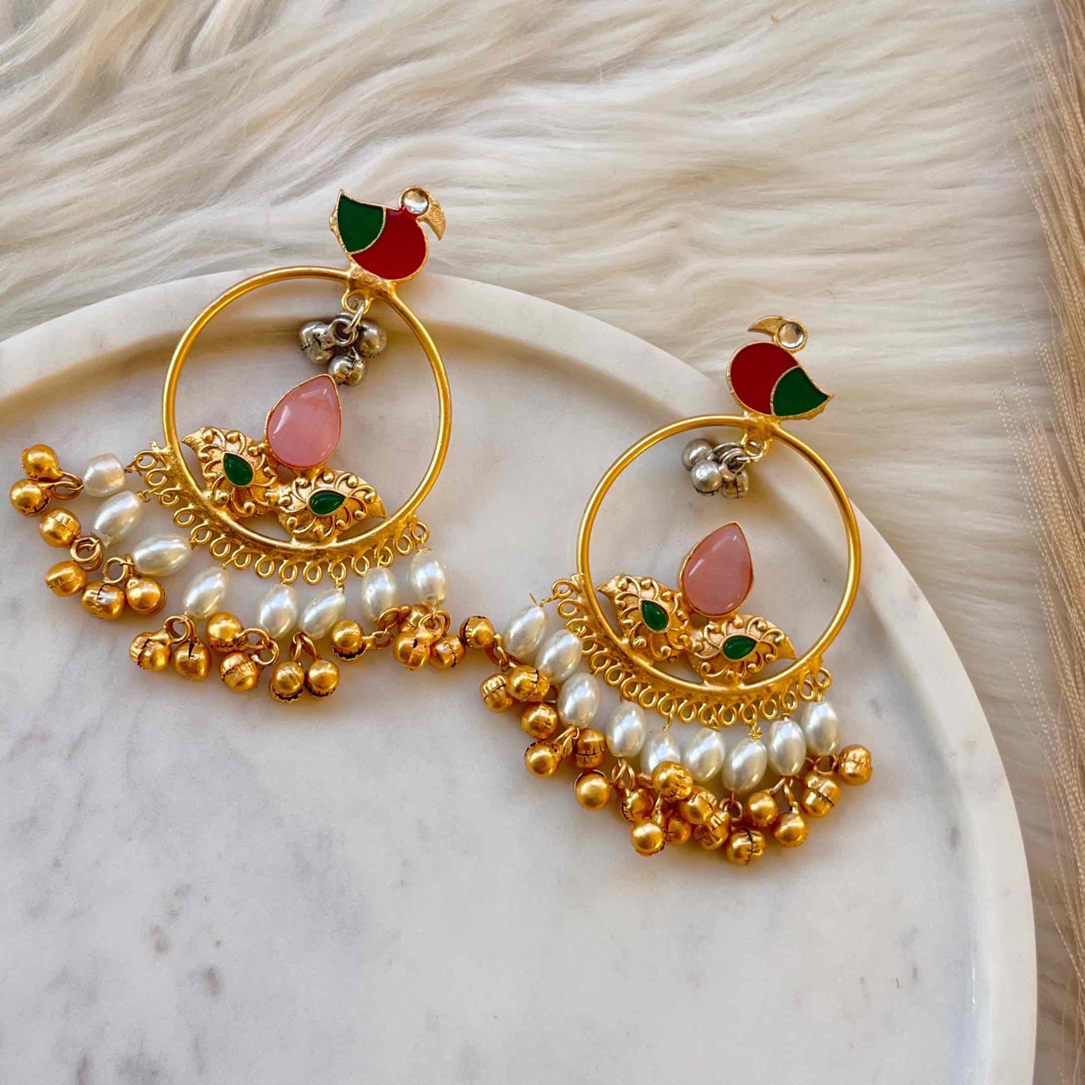 Pink Round Chidiya Golden Fusion Earrings