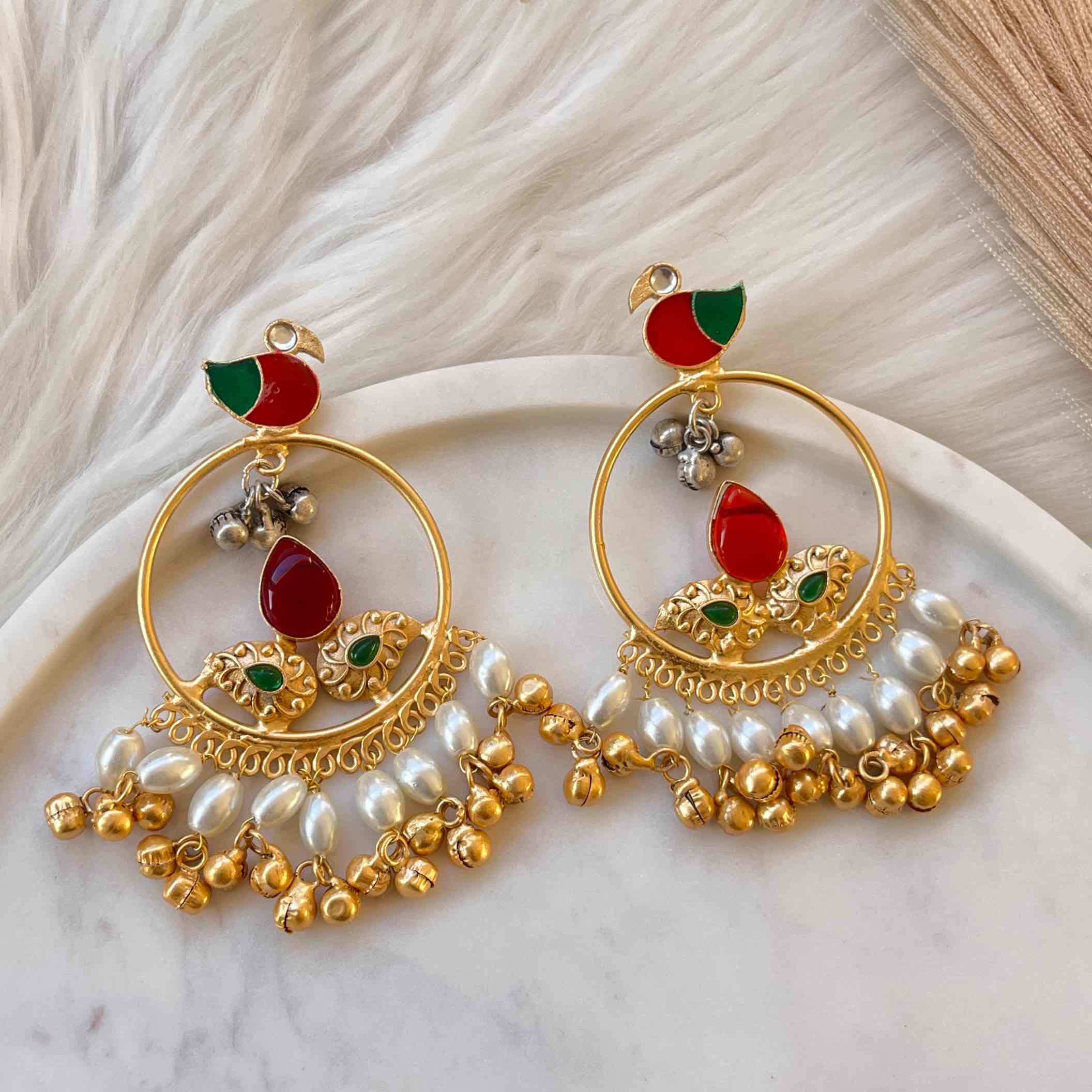 Red Round Chidiya Golden Fusion Earrings