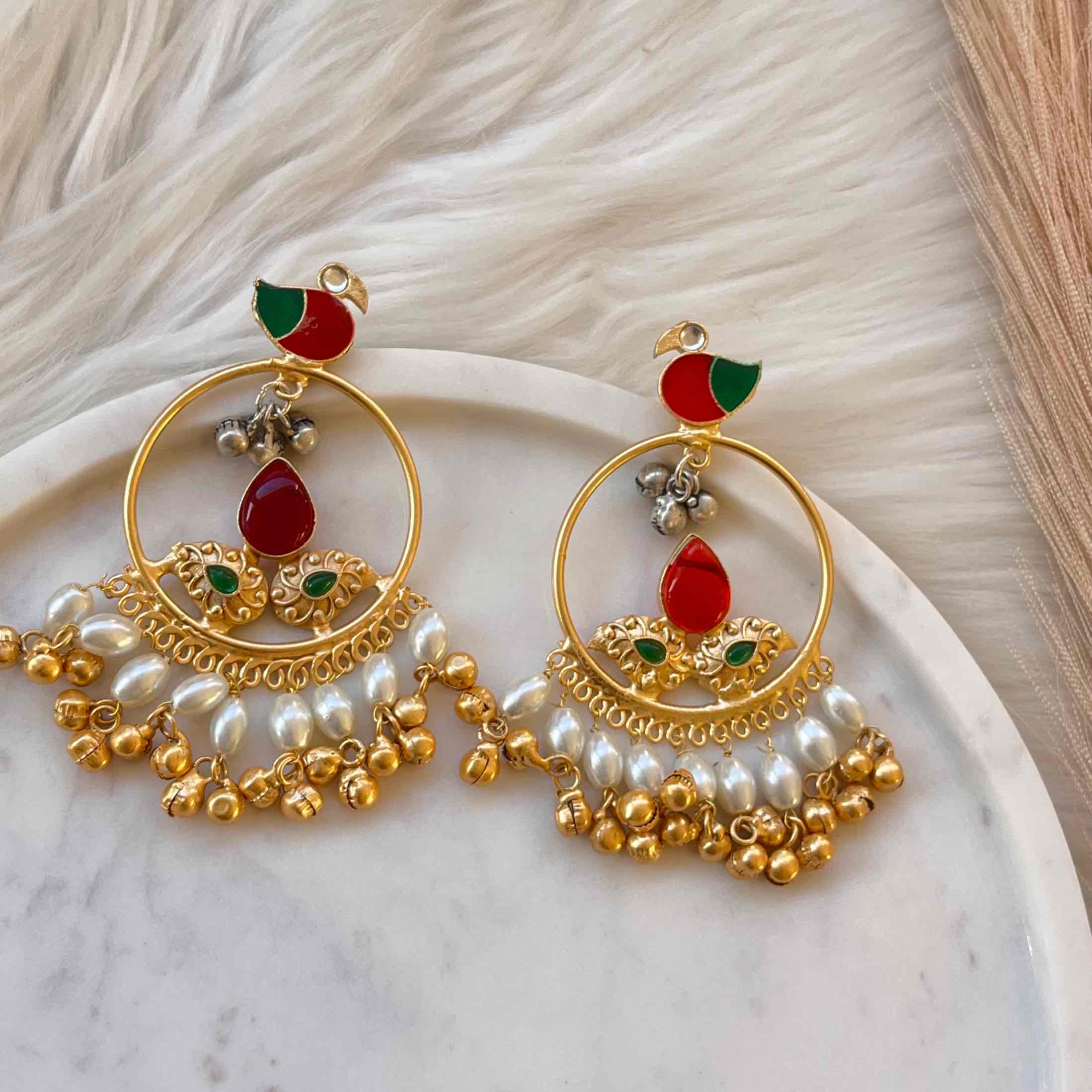 Red Round Chidiya Golden Fusion Earrings