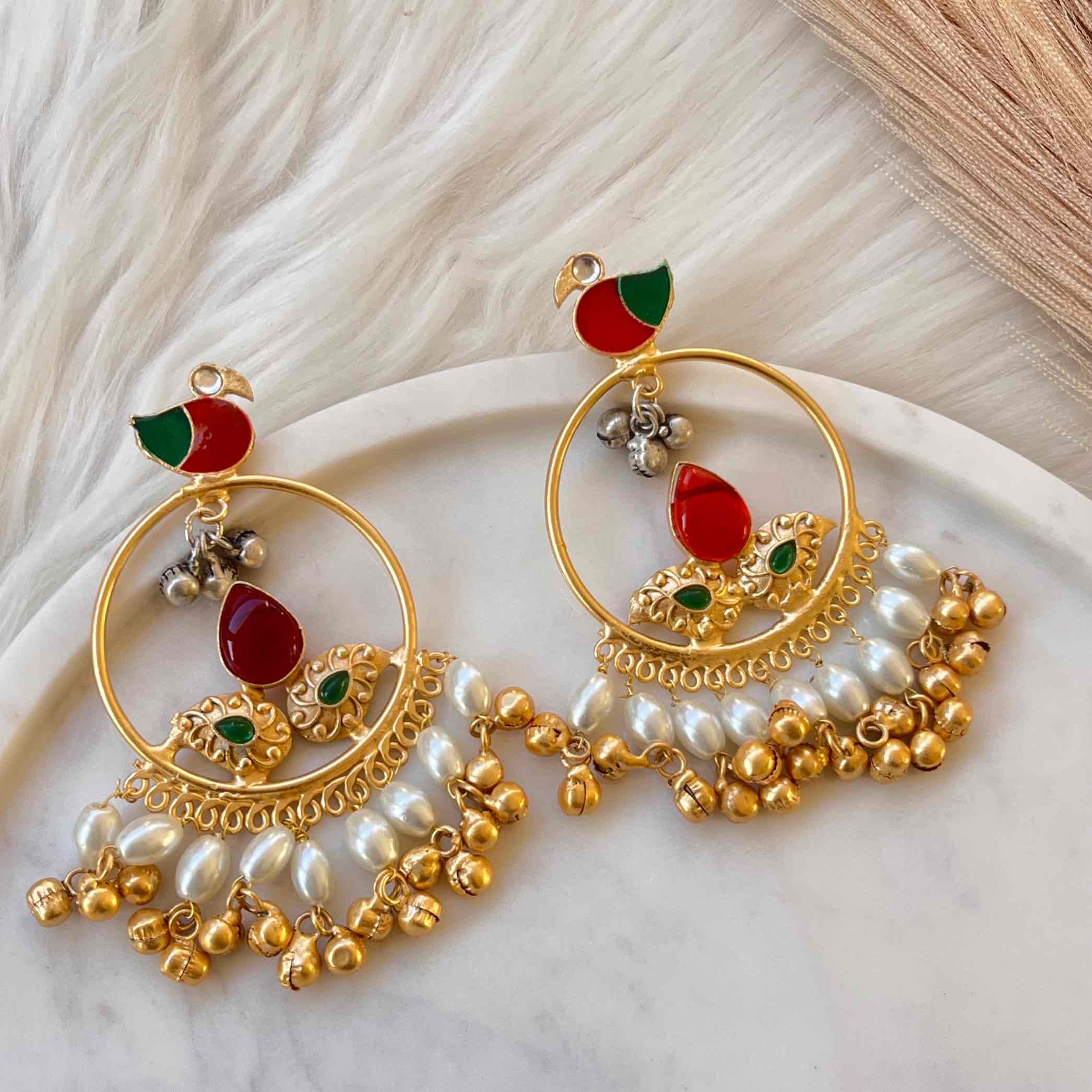 Red Round Chidiya Golden Fusion Earrings