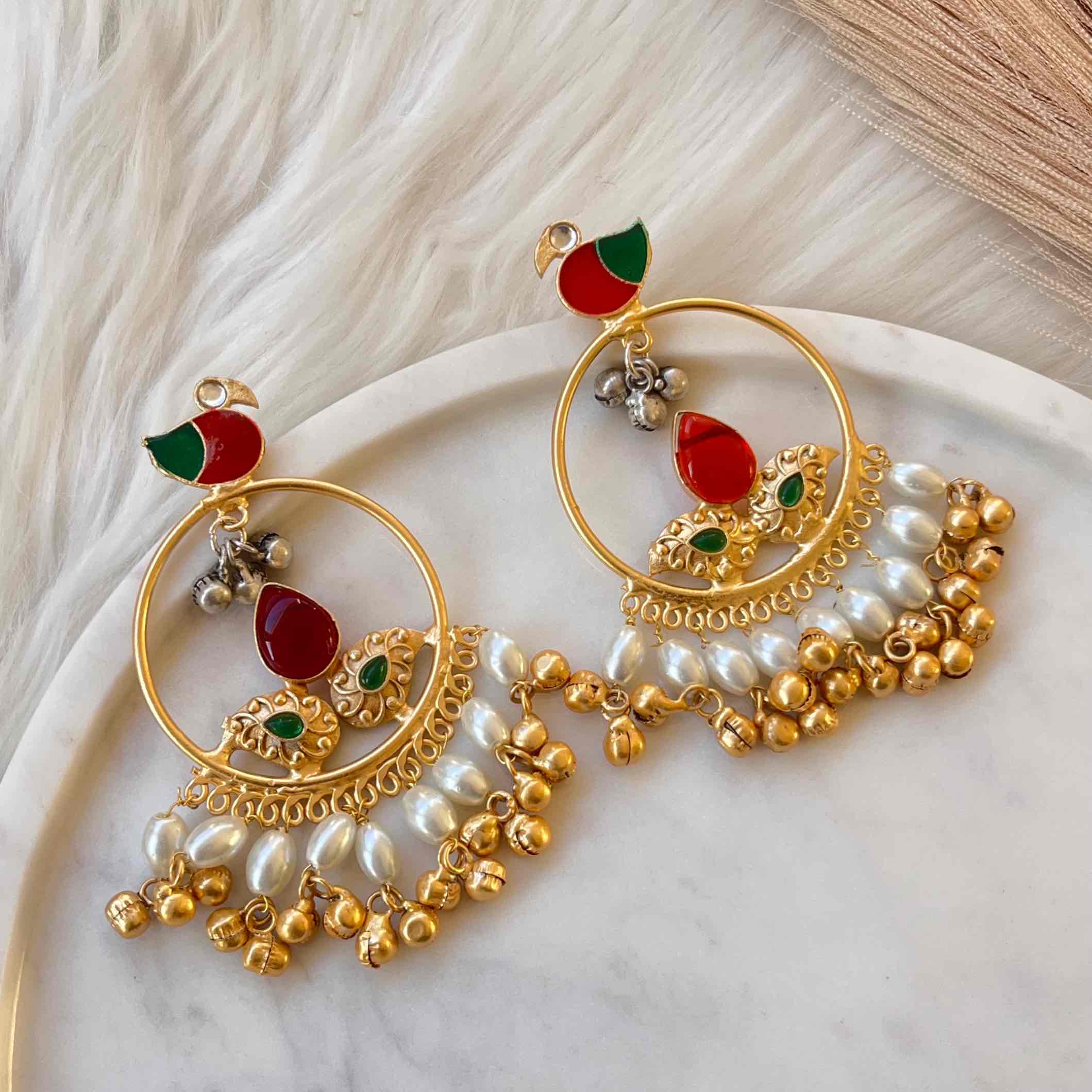 Red Round Chidiya Golden Fusion Earrings