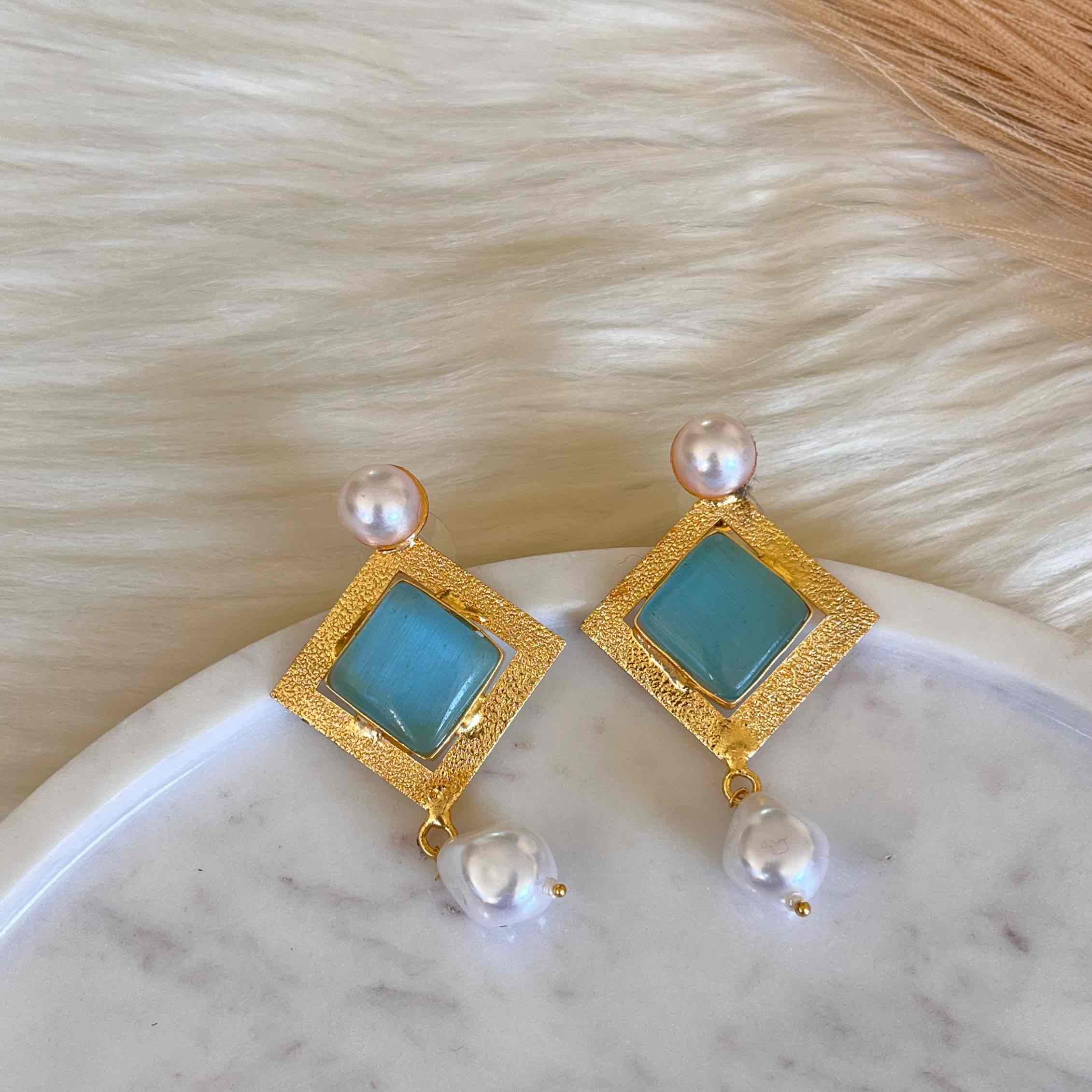 Blue Square Pearly Earrings