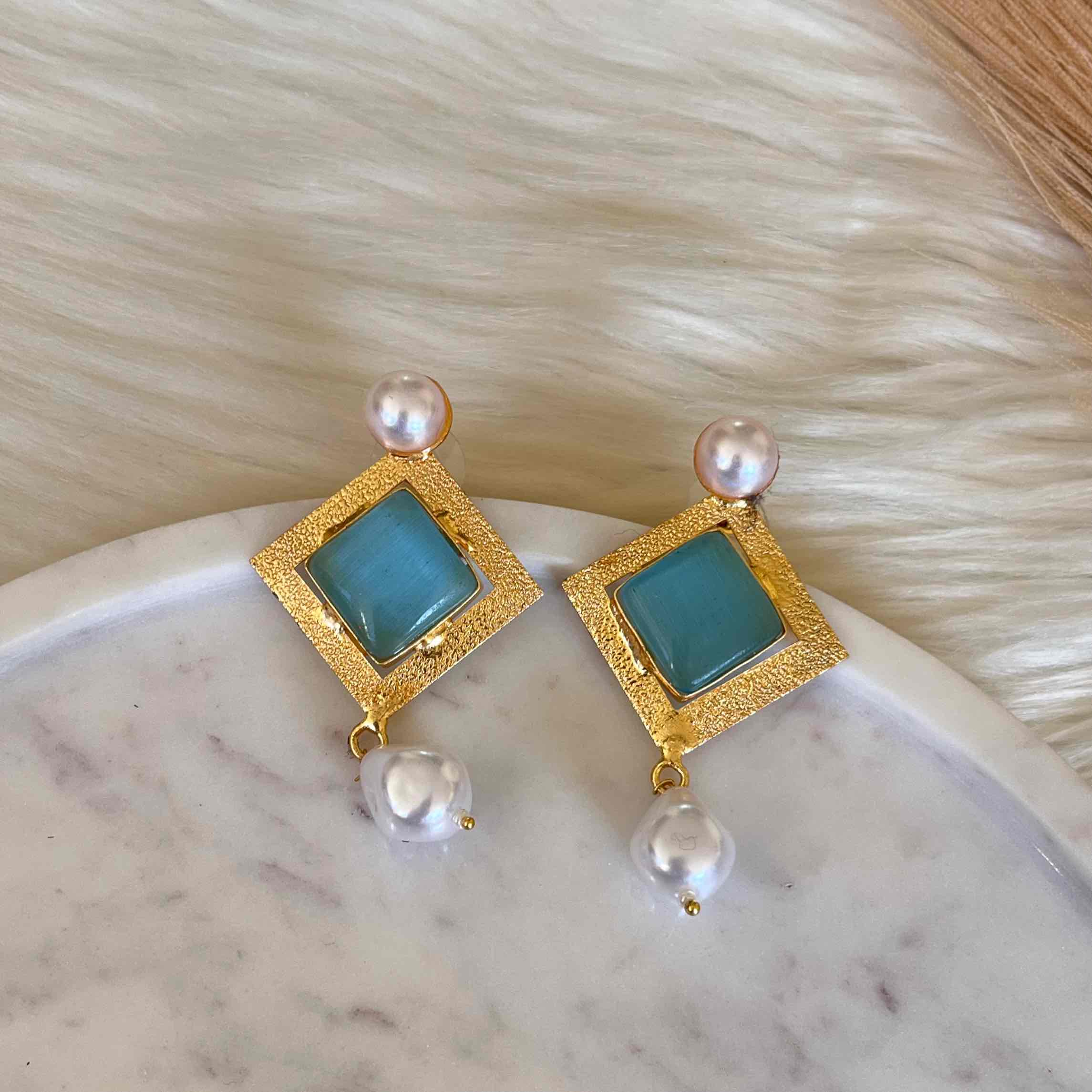 Blue Square Pearly Earrings