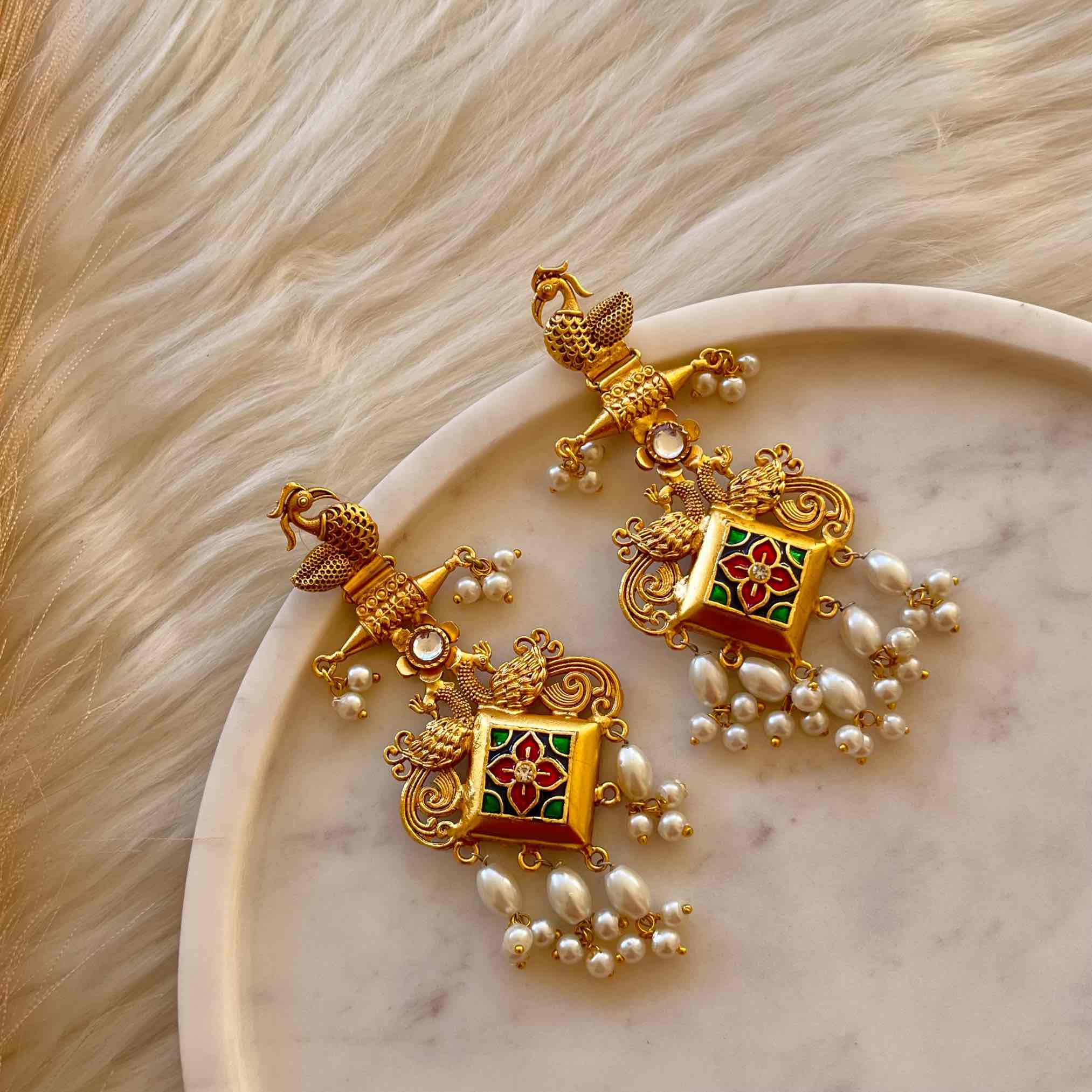 Green - Pink Aakrati Golden Fusion Earrings