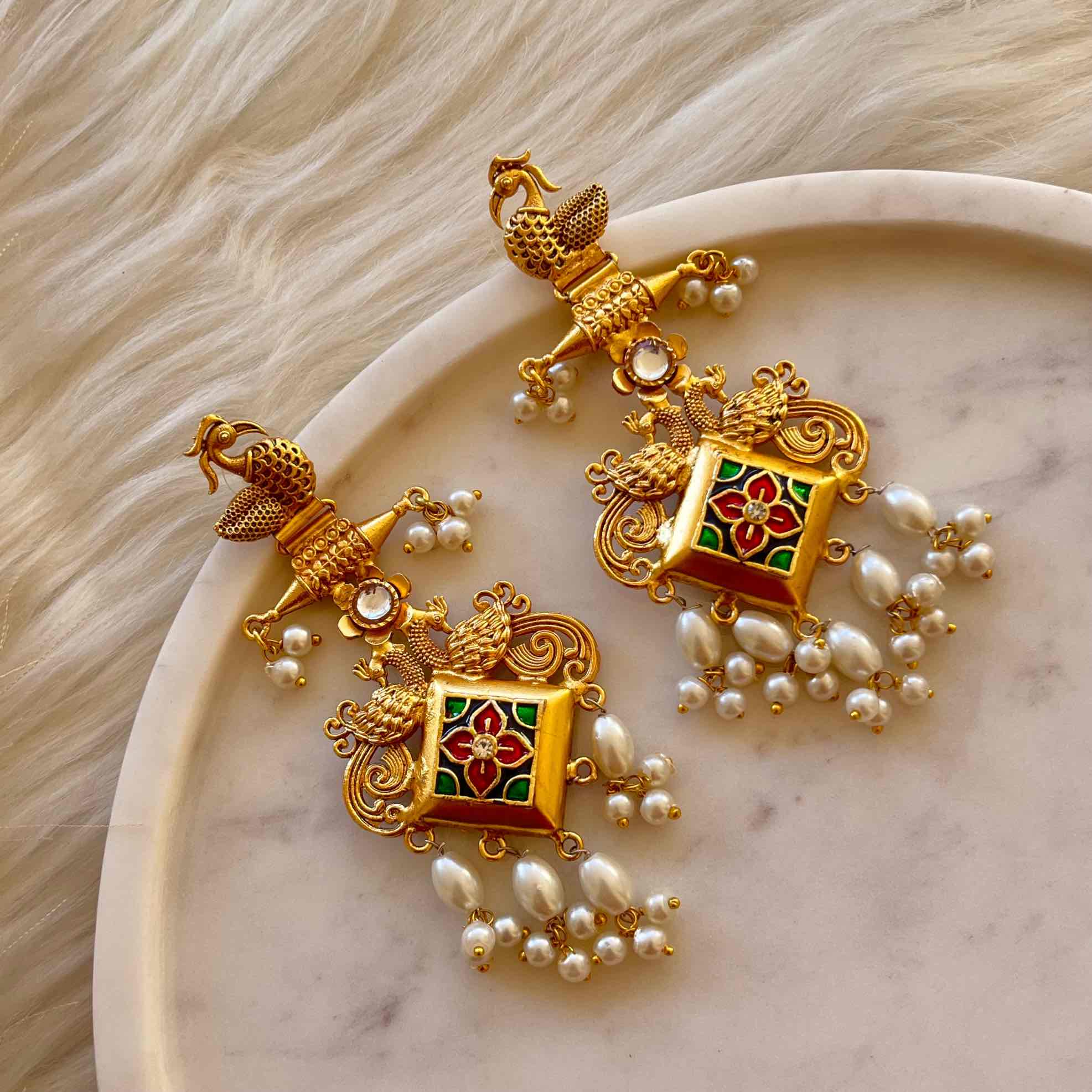 Green - Pink Aakrati Golden Fusion Earrings