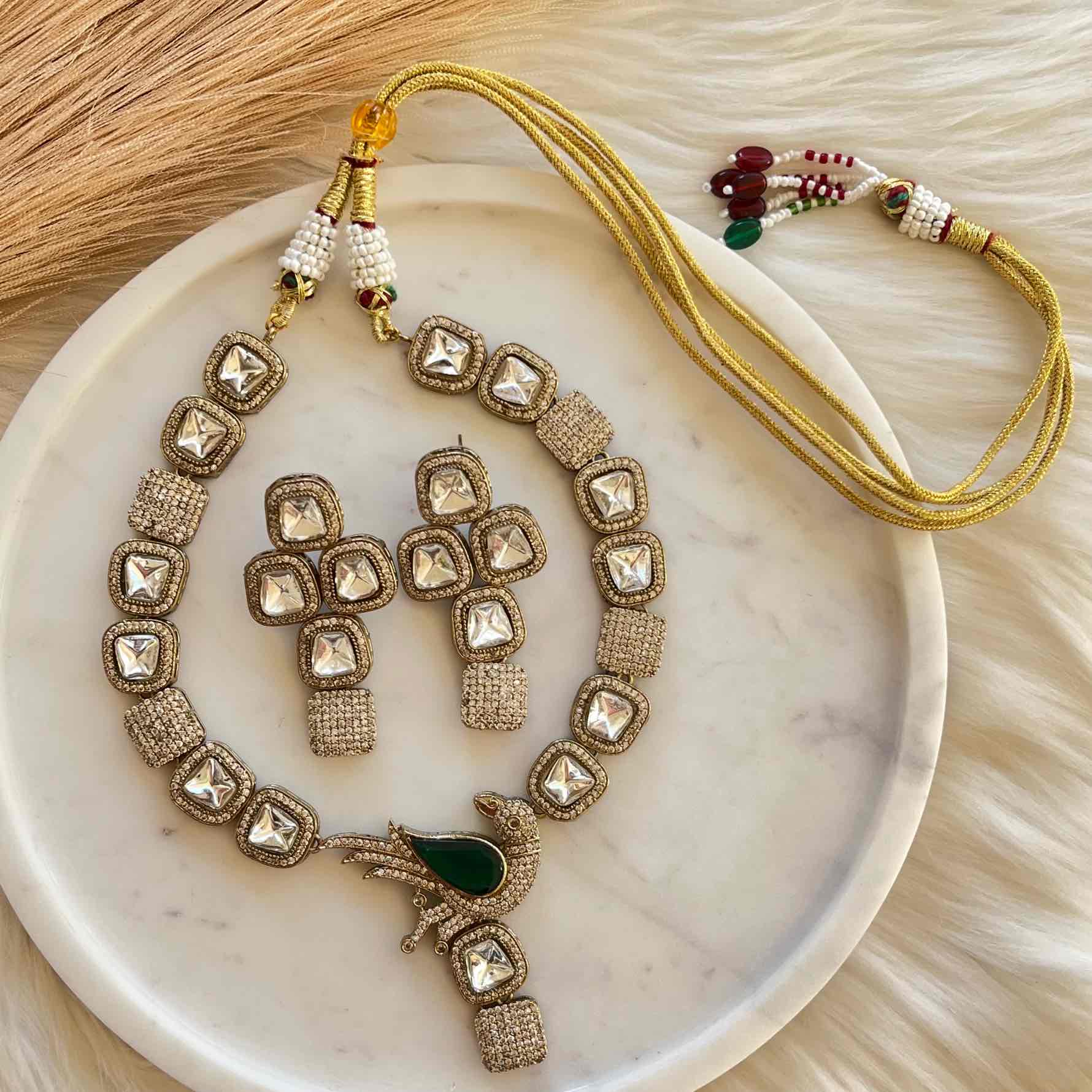 Green Mayuri Fusion AD Necklace Set