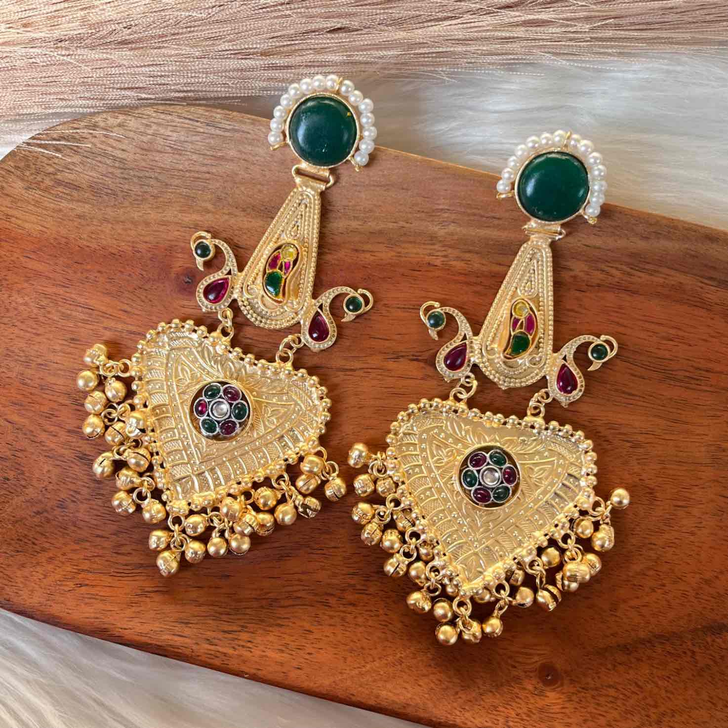 Green Meenakshi Fusion Golden Earrings