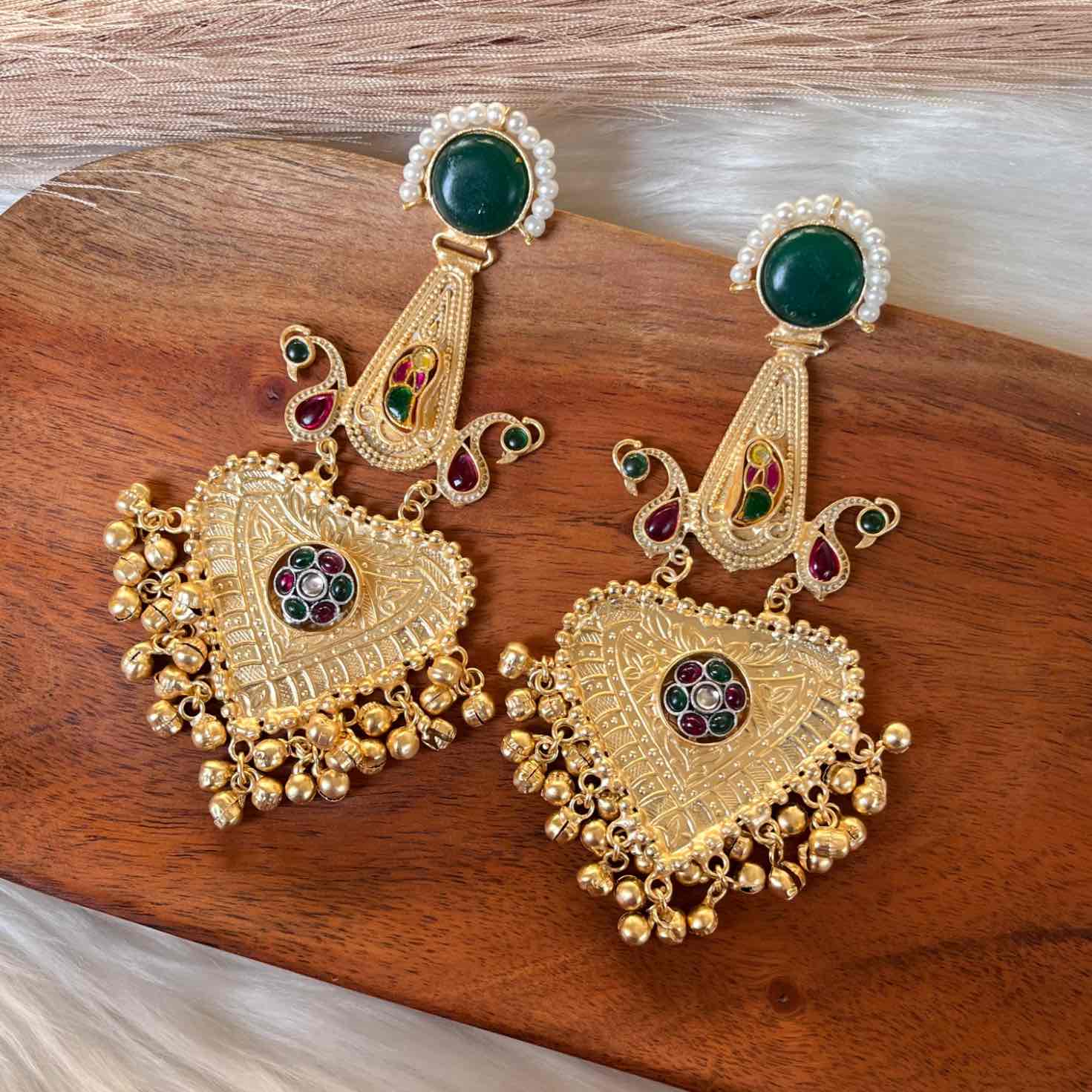 Green Meenakshi Fusion Golden Earrings