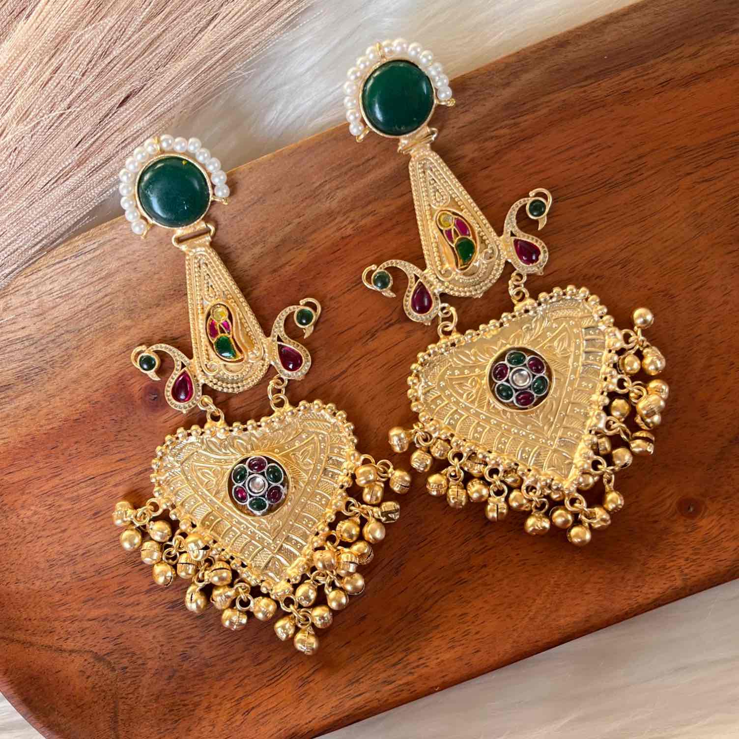 Green Meenakshi Fusion Golden Earrings