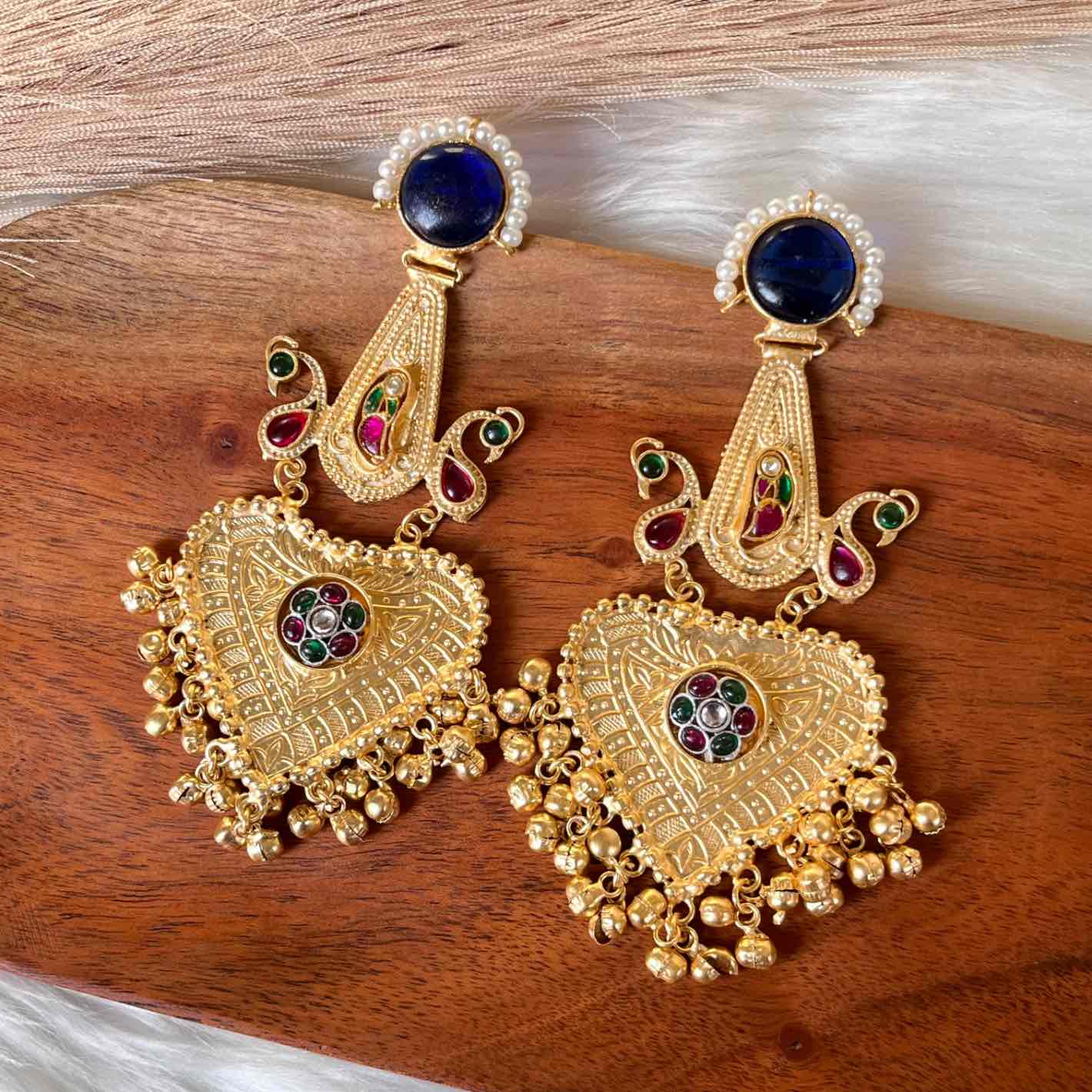 Navy Blue Meenakshi Fusion Golden Earrings