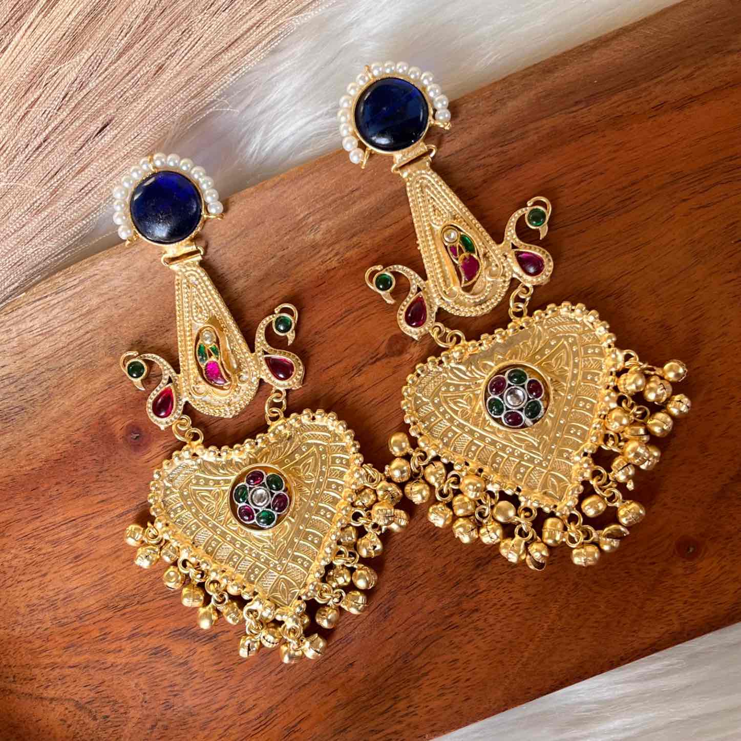 Navy Blue Meenakshi Fusion Golden Earrings