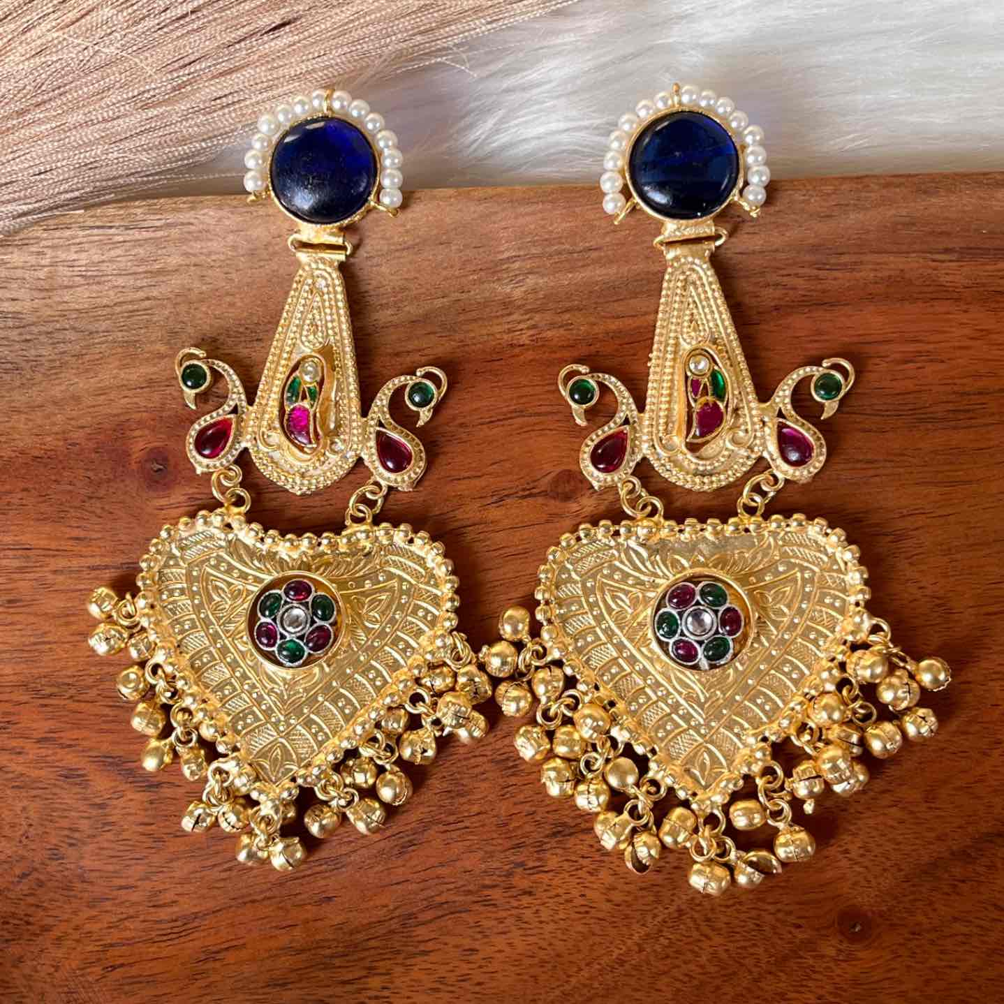 Navy Blue Meenakshi Fusion Golden Earrings