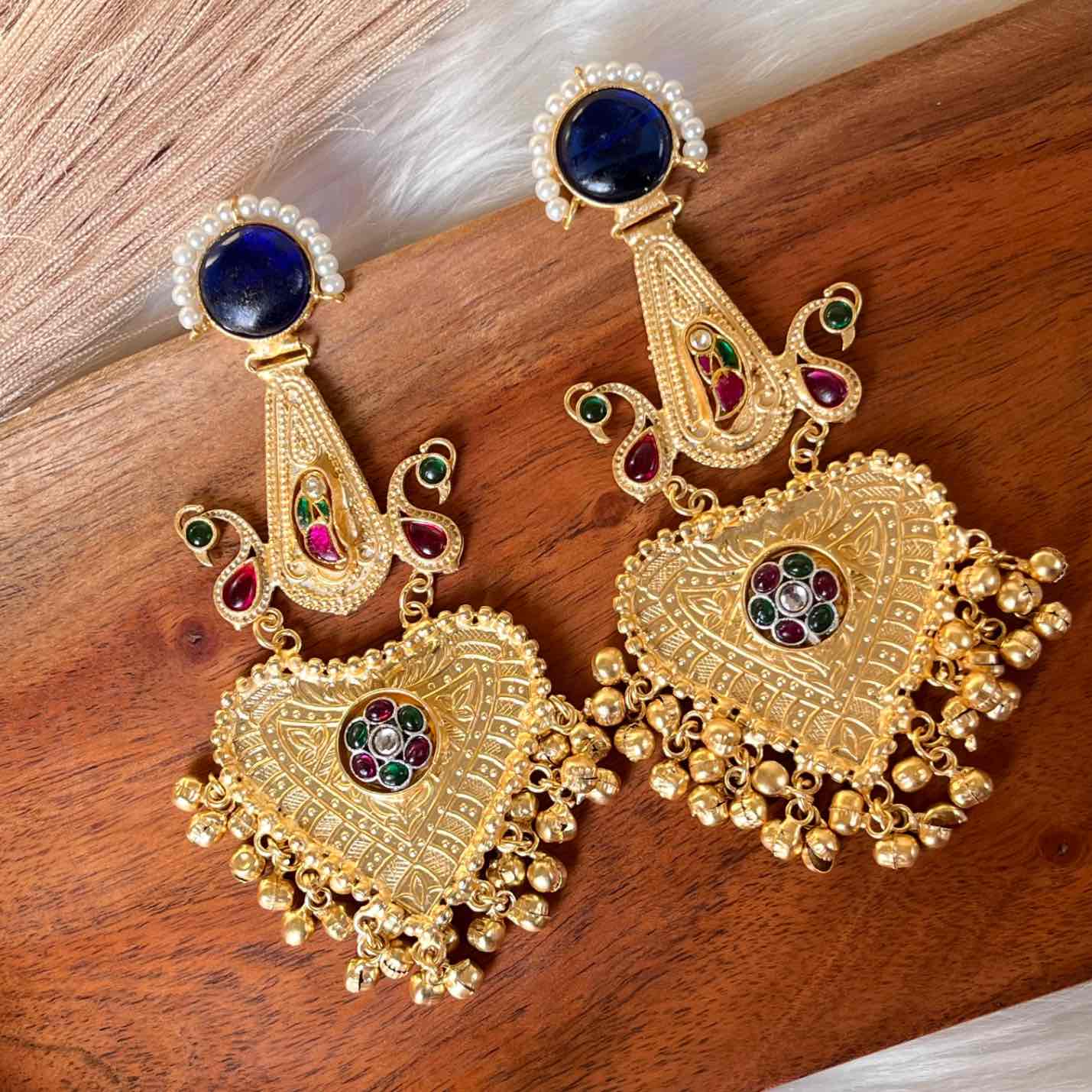 Navy Blue Meenakshi Fusion Golden Earrings