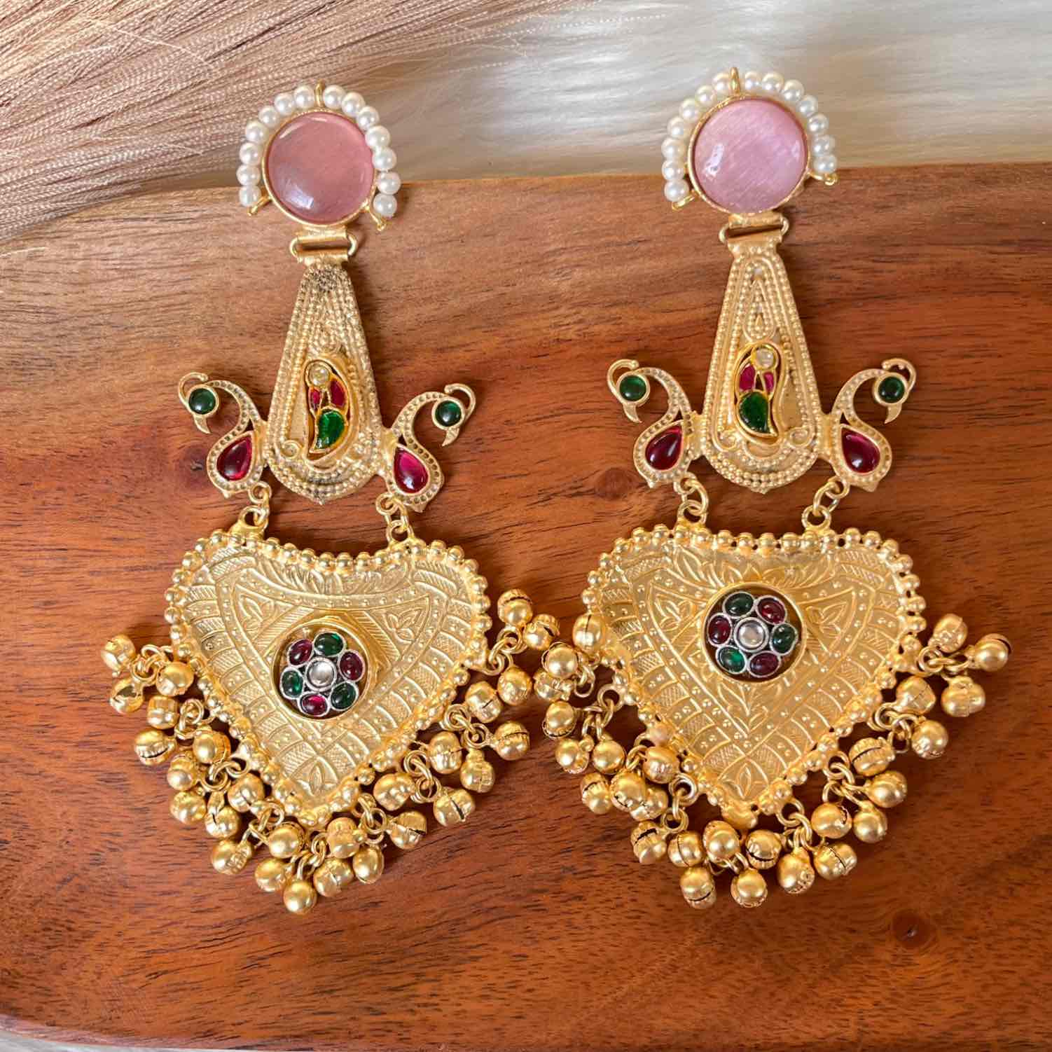 Pink Meenakshi Fusion Golden Earrings