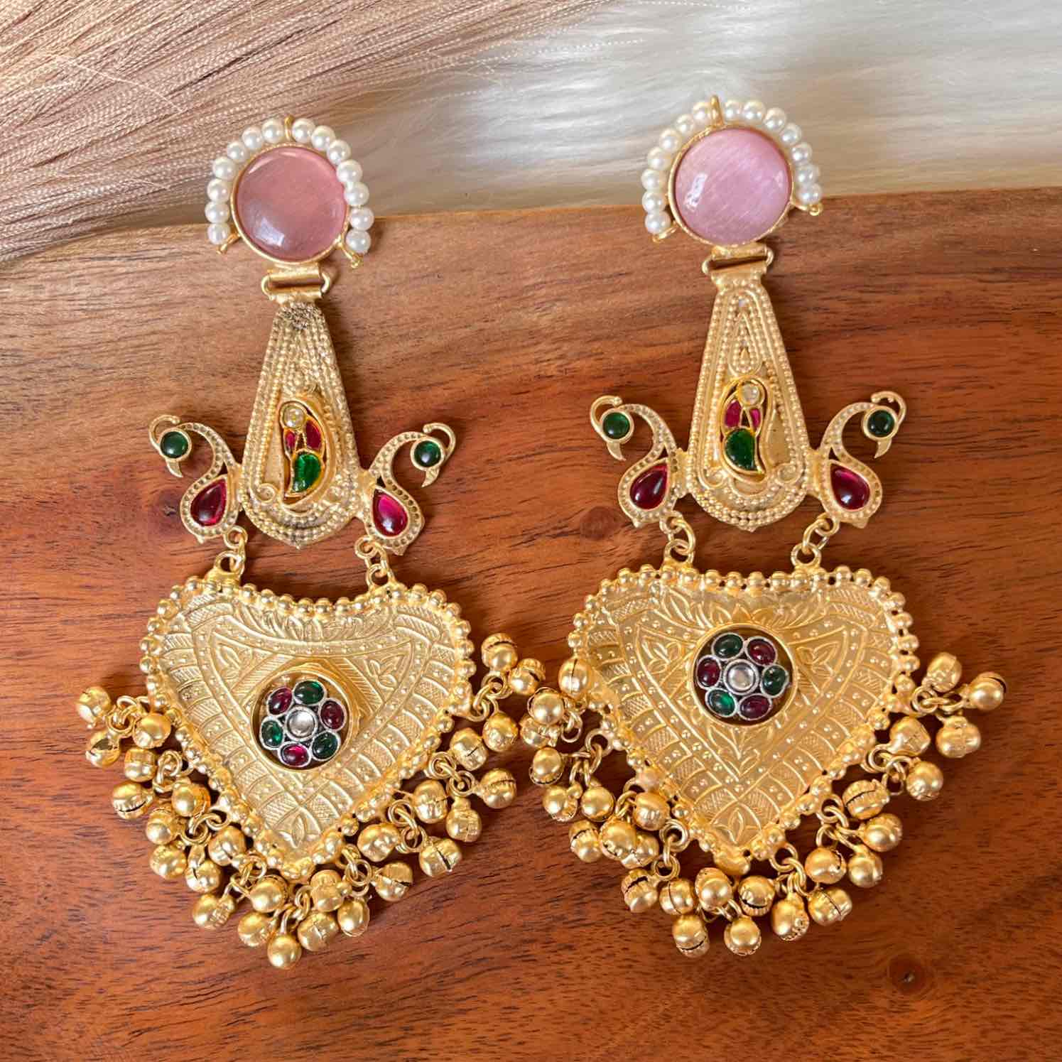 Pink Meenakshi Fusion Golden Earrings