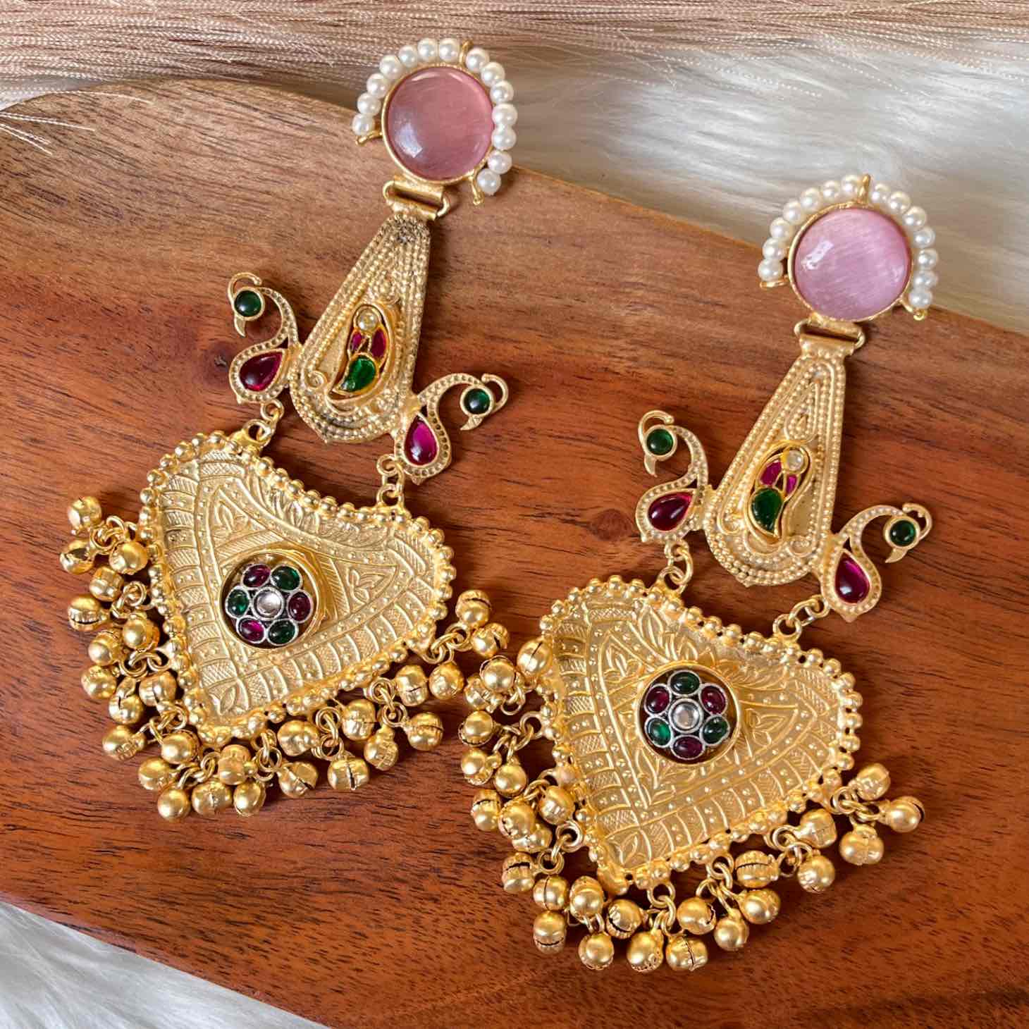 Pink Meenakshi Fusion Golden Earrings