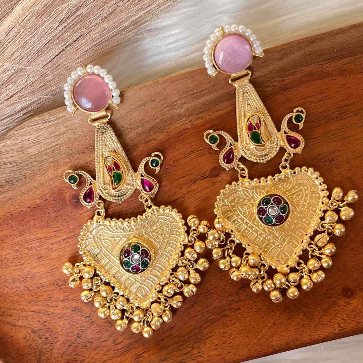 Pink Meenakshi Fusion Golden Earrings