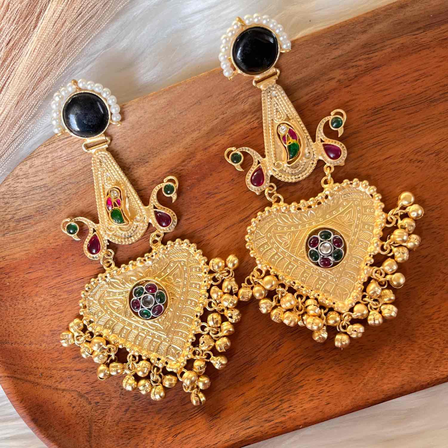 Black Meenakshi Fusion Golden Earrings