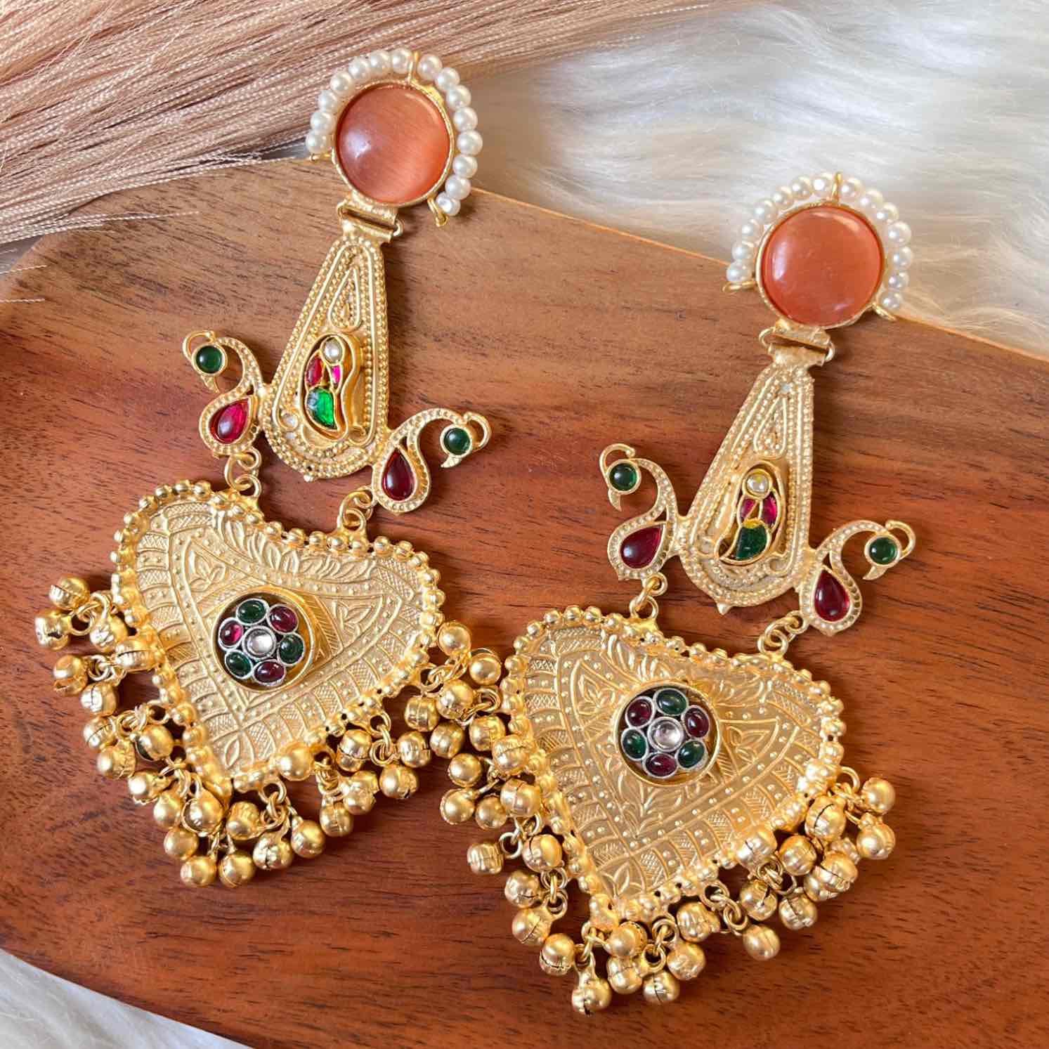 Peach Meenakshi Fusion Golden Earrings