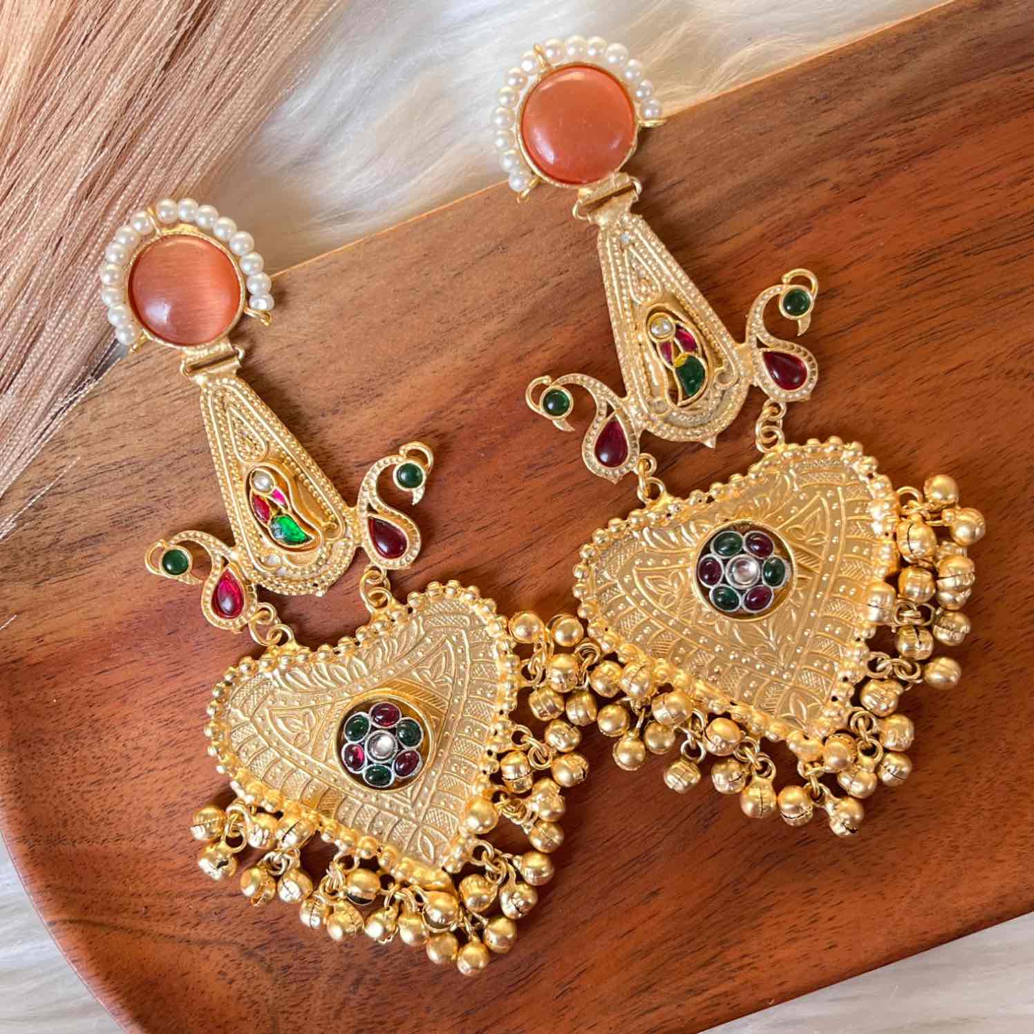 Peach Meenakshi Fusion Golden Earrings